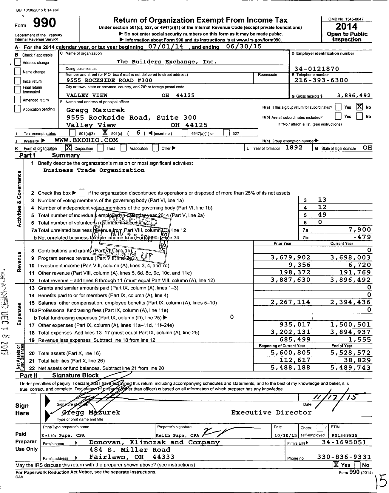 Image of first page of 2014 Form 990O for The Builders Exchange