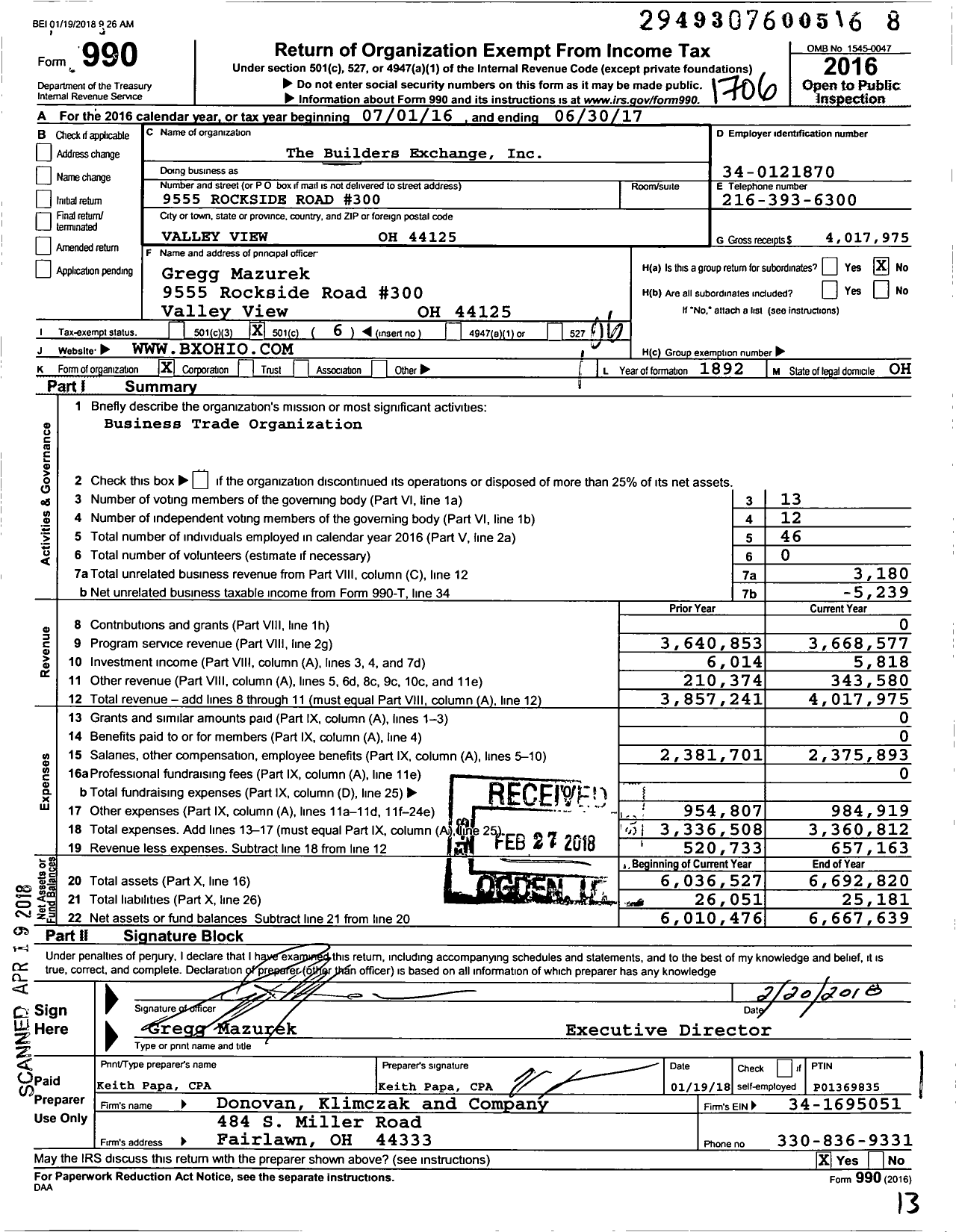 Image of first page of 2016 Form 990O for The Builders Exchange
