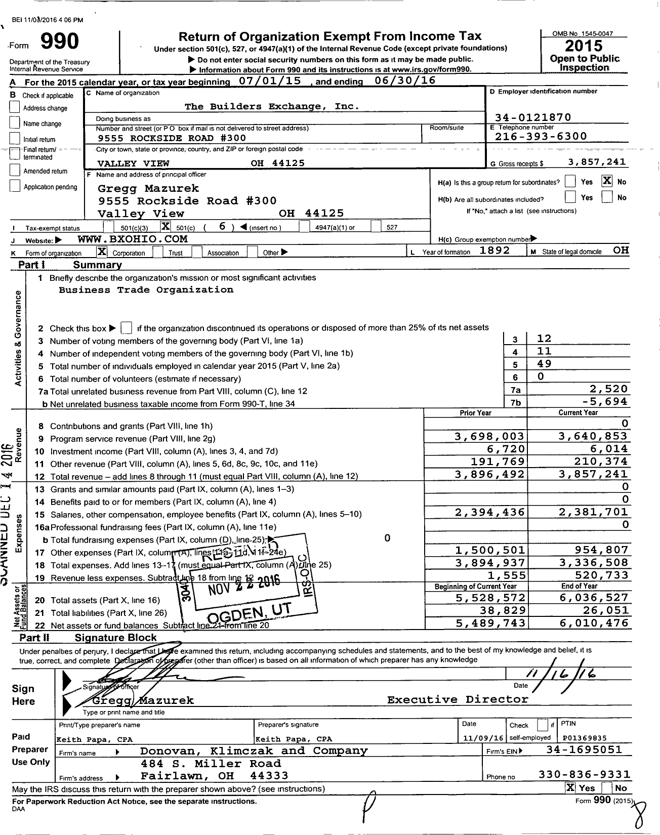 Image of first page of 2015 Form 990O for The Builders Exchange