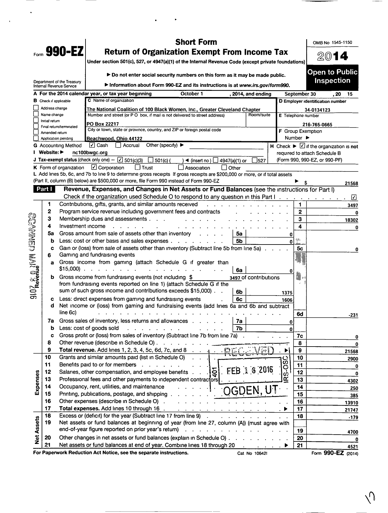 Image of first page of 2014 Form 990EZ for National Coalition of 100 Black Women Greater Cleveland Chapter