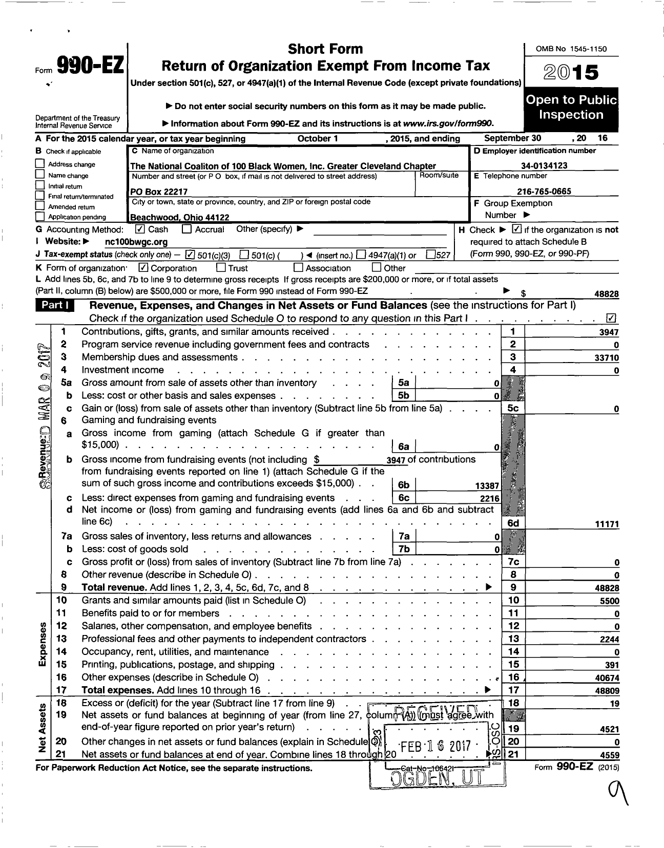 Image of first page of 2015 Form 990EZ for National Coalition of 100 Black Women Greater Cleveland Chapter