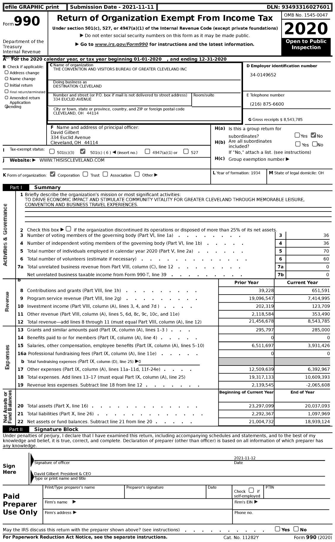 Image of first page of 2020 Form 990 for Destination Cleveland