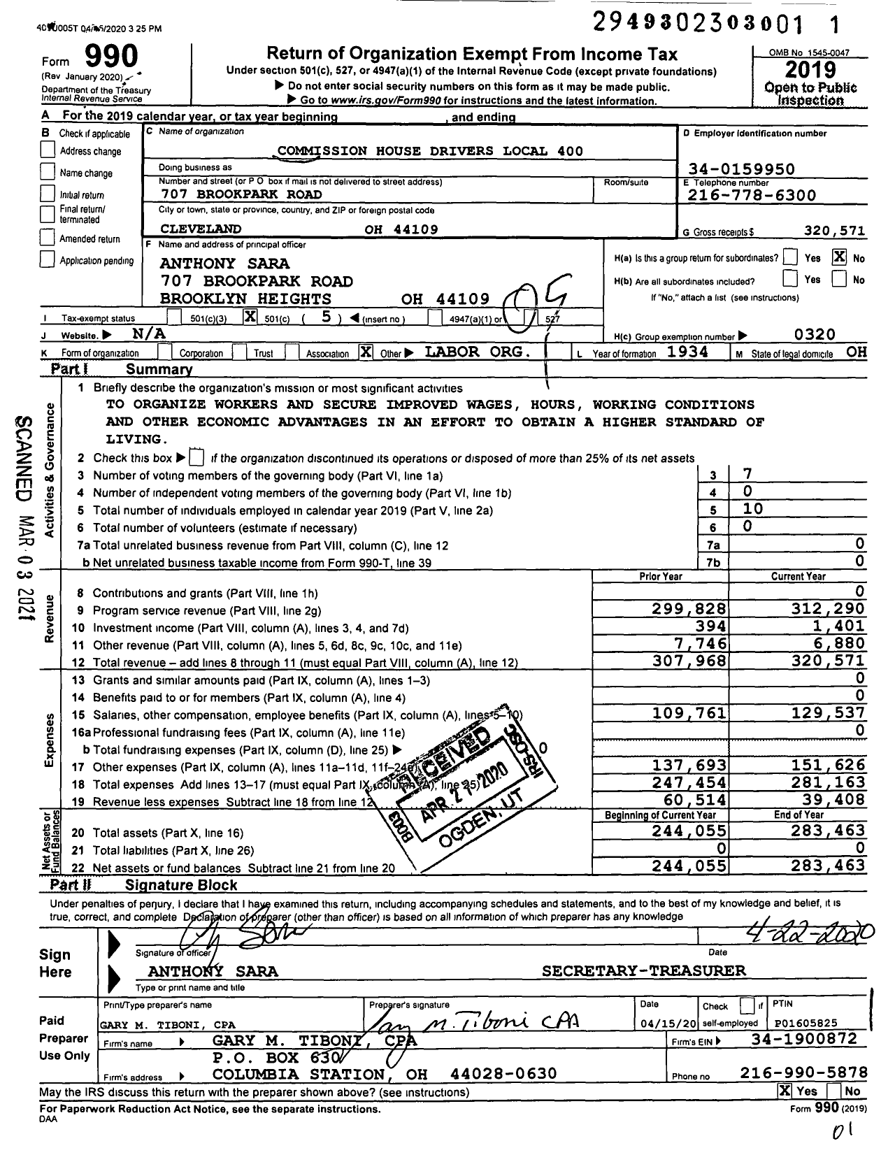 Image of first page of 2019 Form 990O for Teamsters - 400 Commission House Drivers & Ware