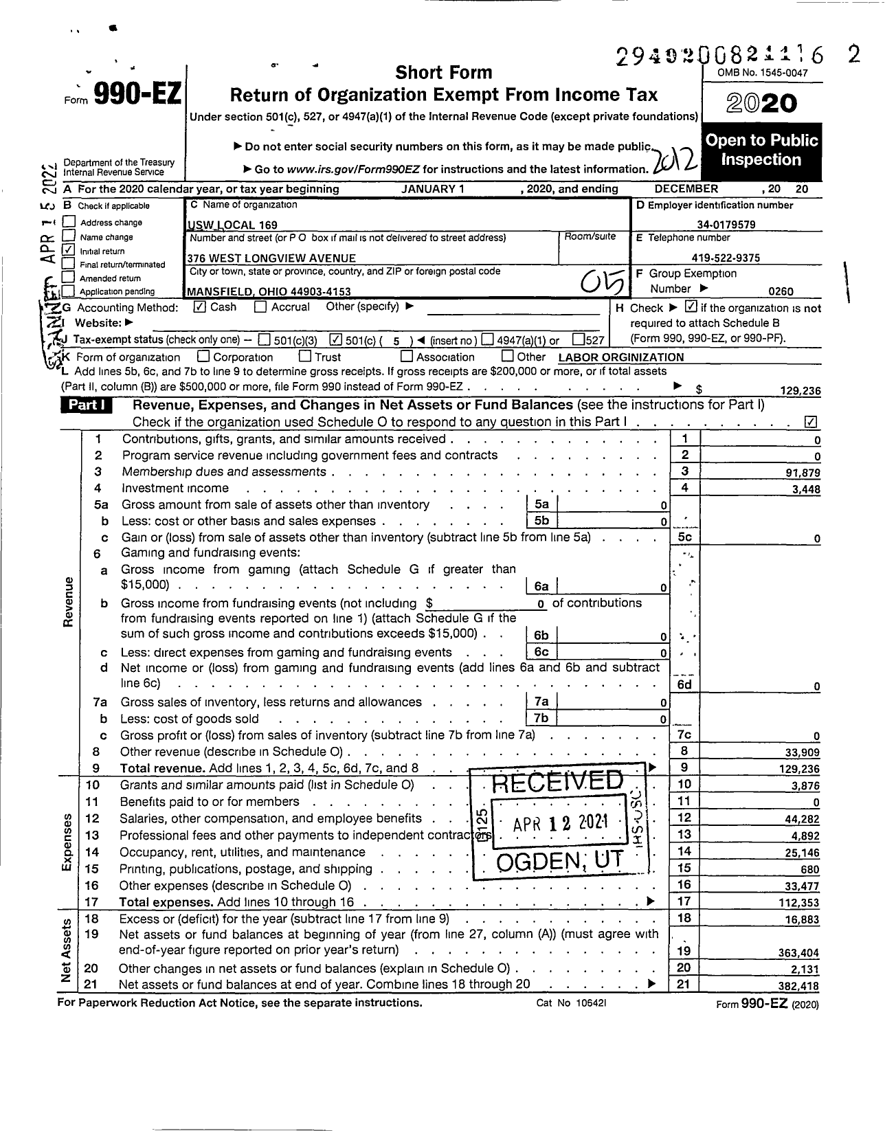 Image of first page of 2020 Form 990EO for United Steelworkers - 169 Local