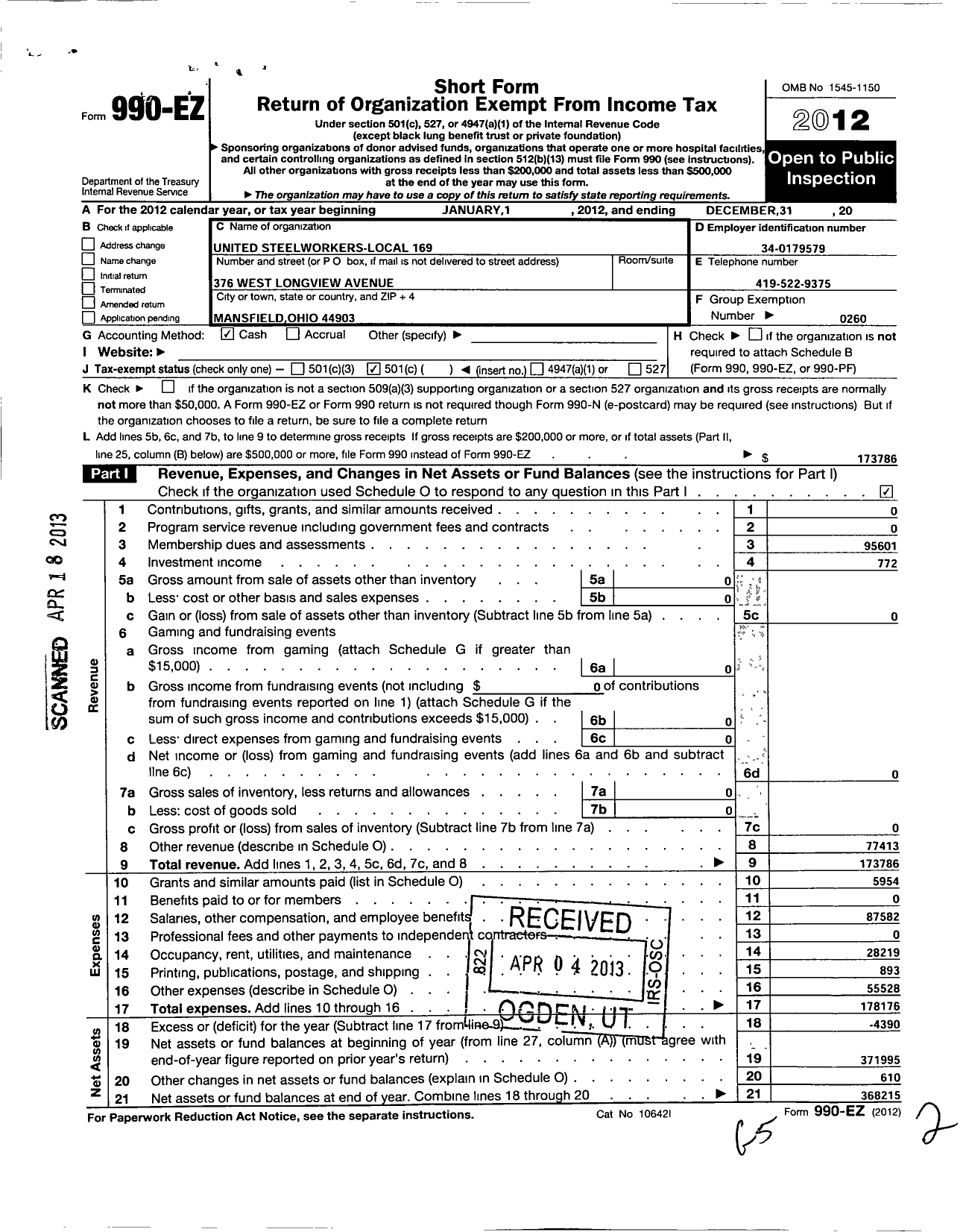 Image of first page of 2012 Form 990EO for United Steelworkers - Local Union 00169
