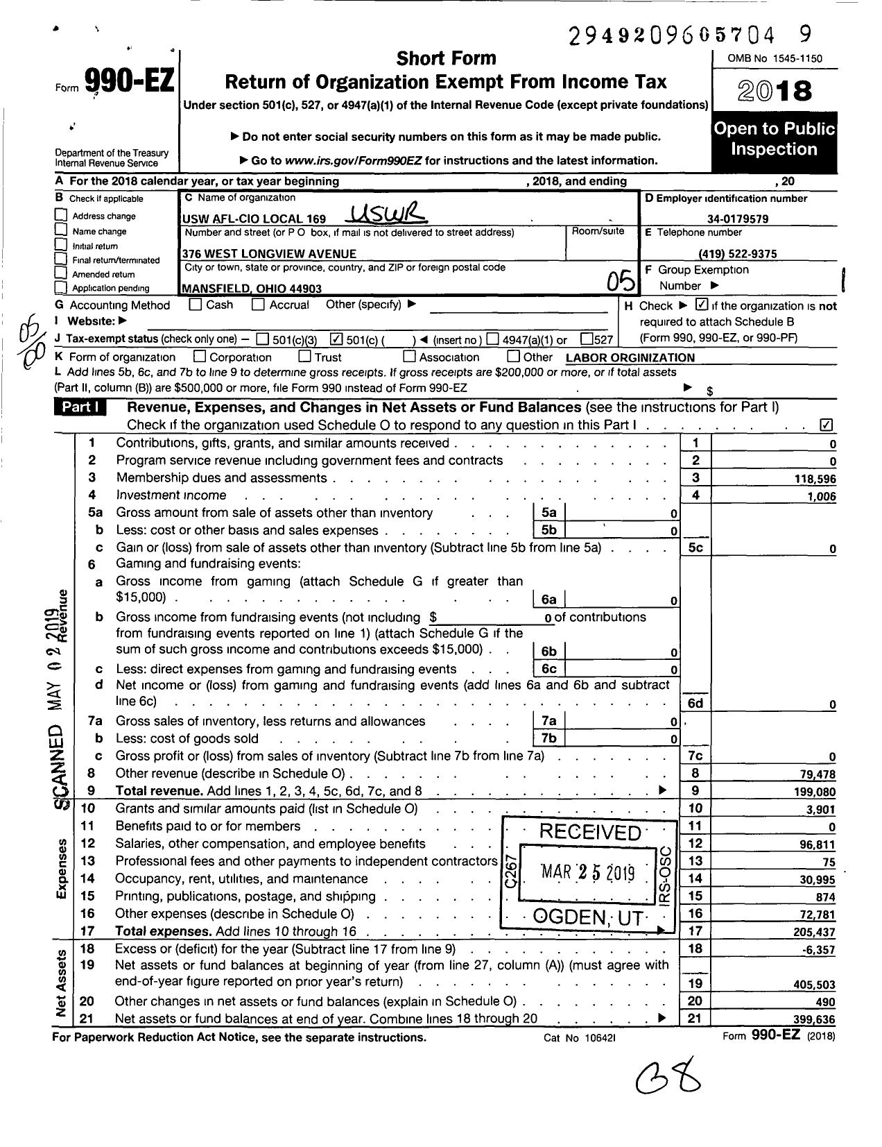 Image of first page of 2018 Form 990EO for United Steelworkers - 169 Local