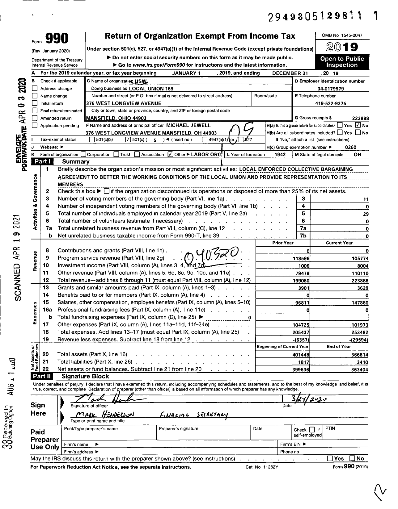 Image of first page of 2019 Form 990O for United Steelworkers - 169 Local