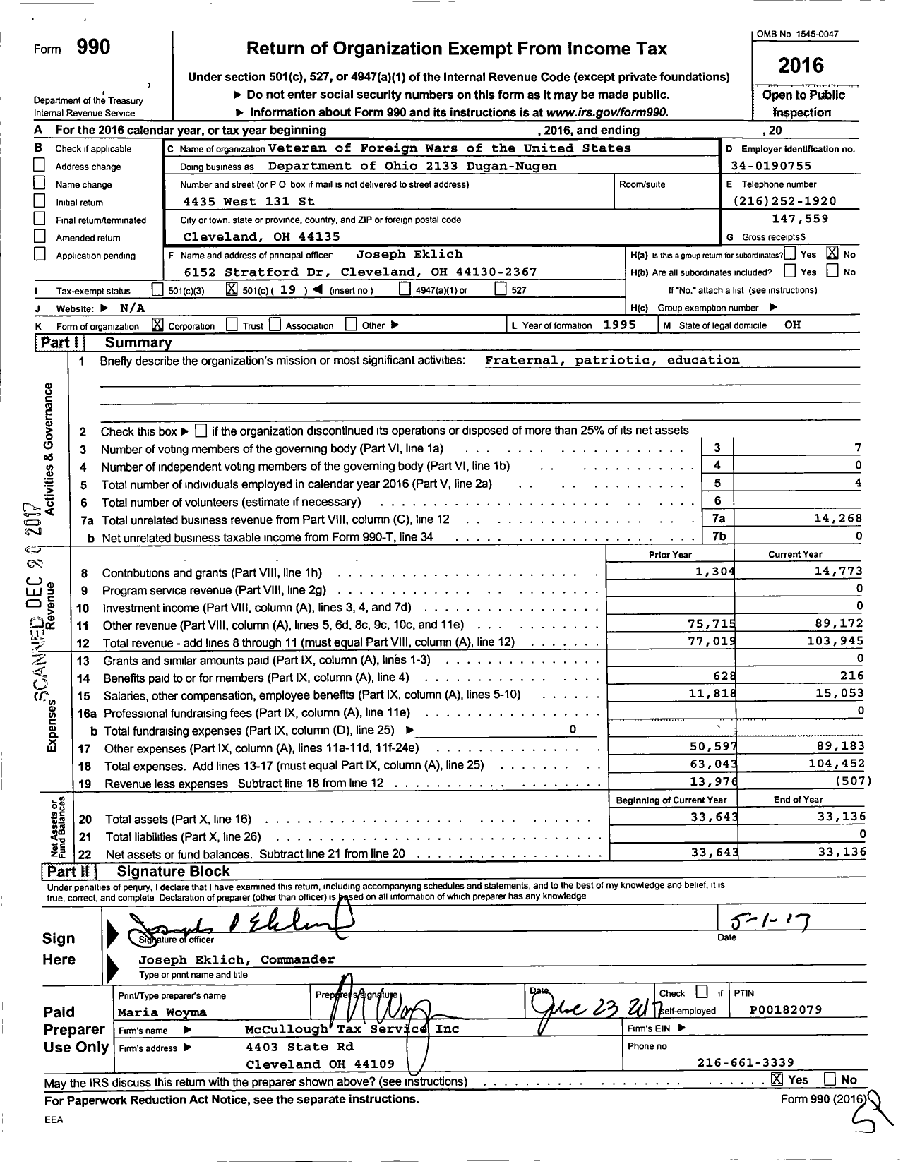 Image of first page of 2016 Form 990O for Ohio VFW - Department of Ohio 2133 Dugan-