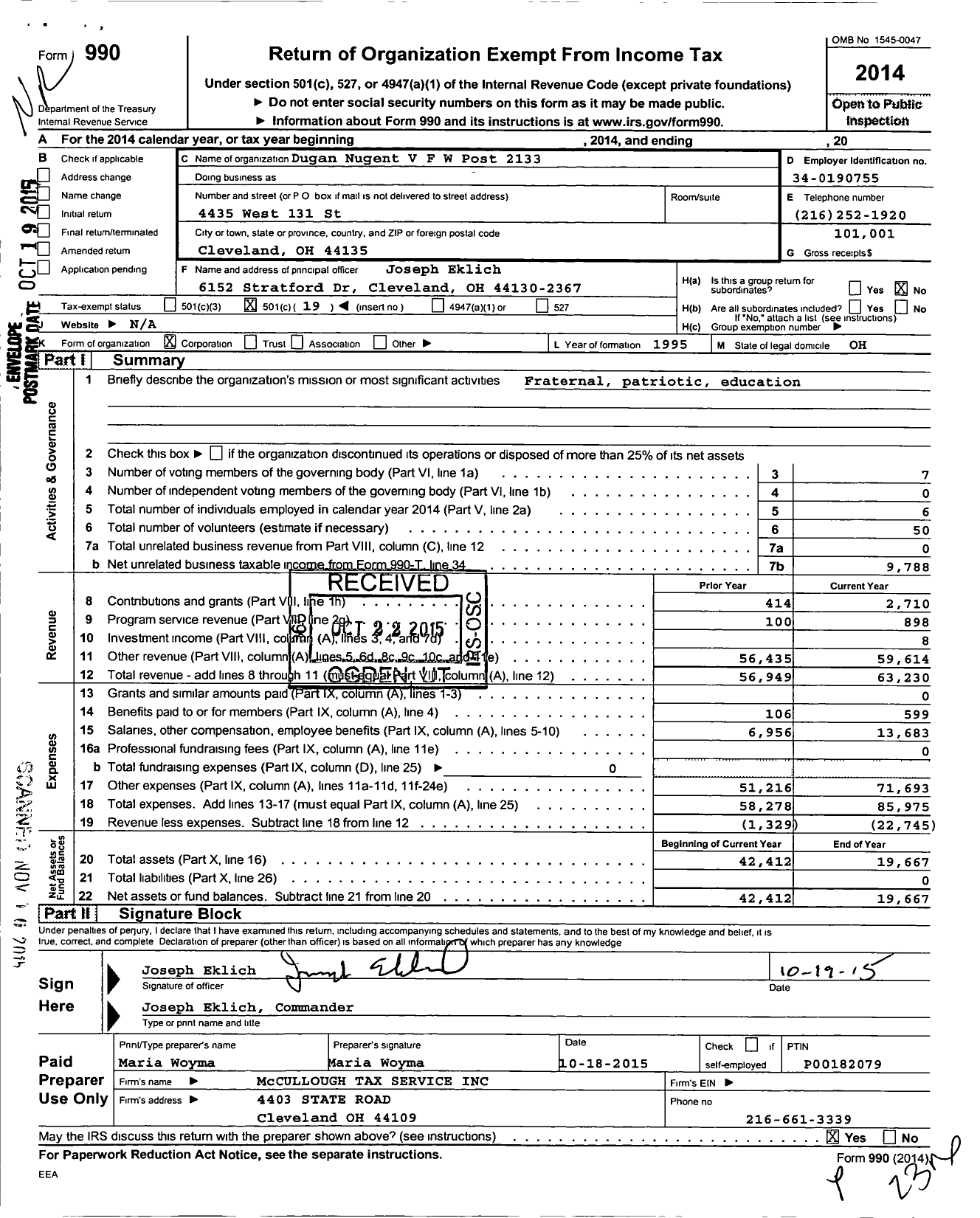 Image of first page of 2014 Form 990O for Ohio VFW - Department of Ohio 2133 Dugan-