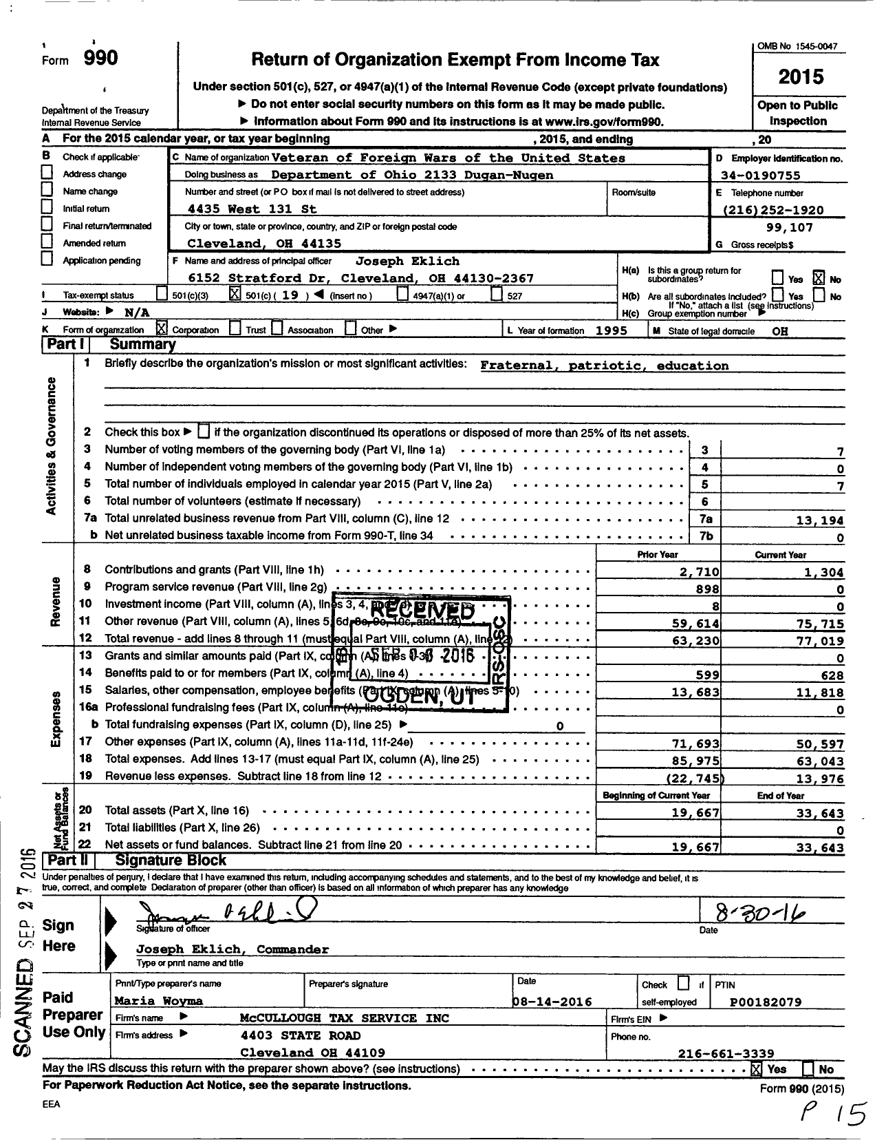 Image of first page of 2015 Form 990O for Ohio VFW - Department of Ohio 2133 Dugan-