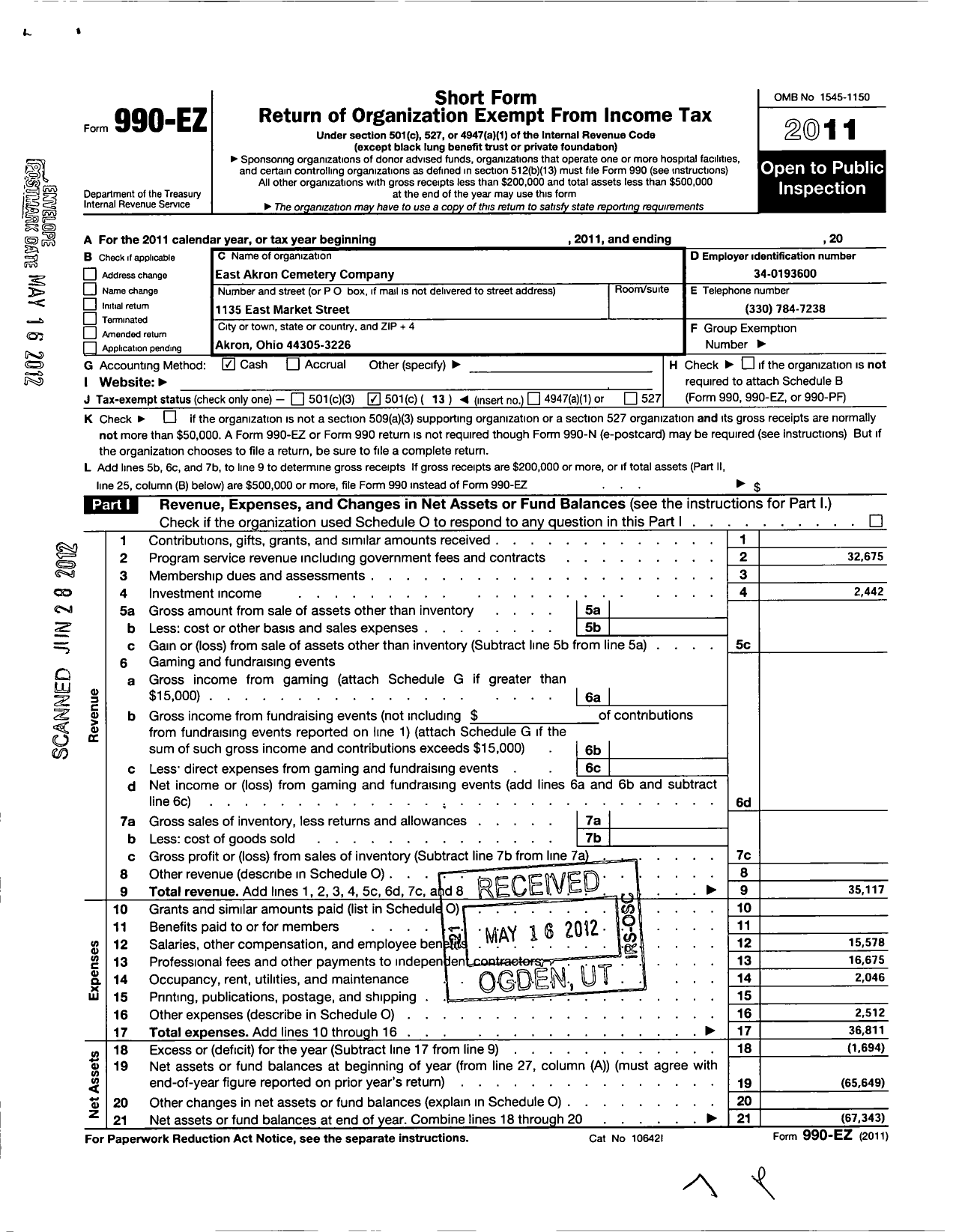 Image of first page of 2011 Form 990EO for East Akron Cemetery Company