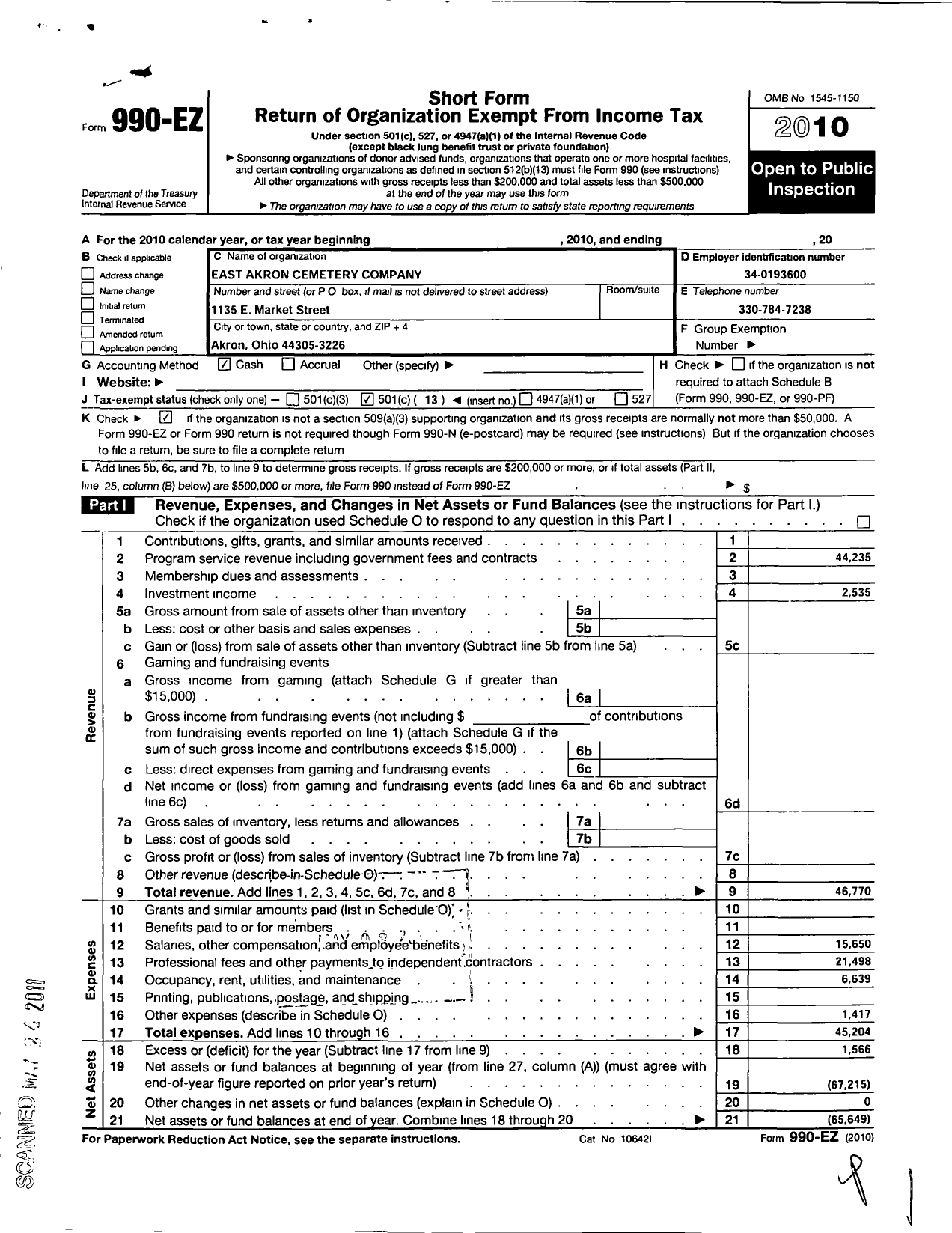 Image of first page of 2010 Form 990EO for East Akron Cemetery Company