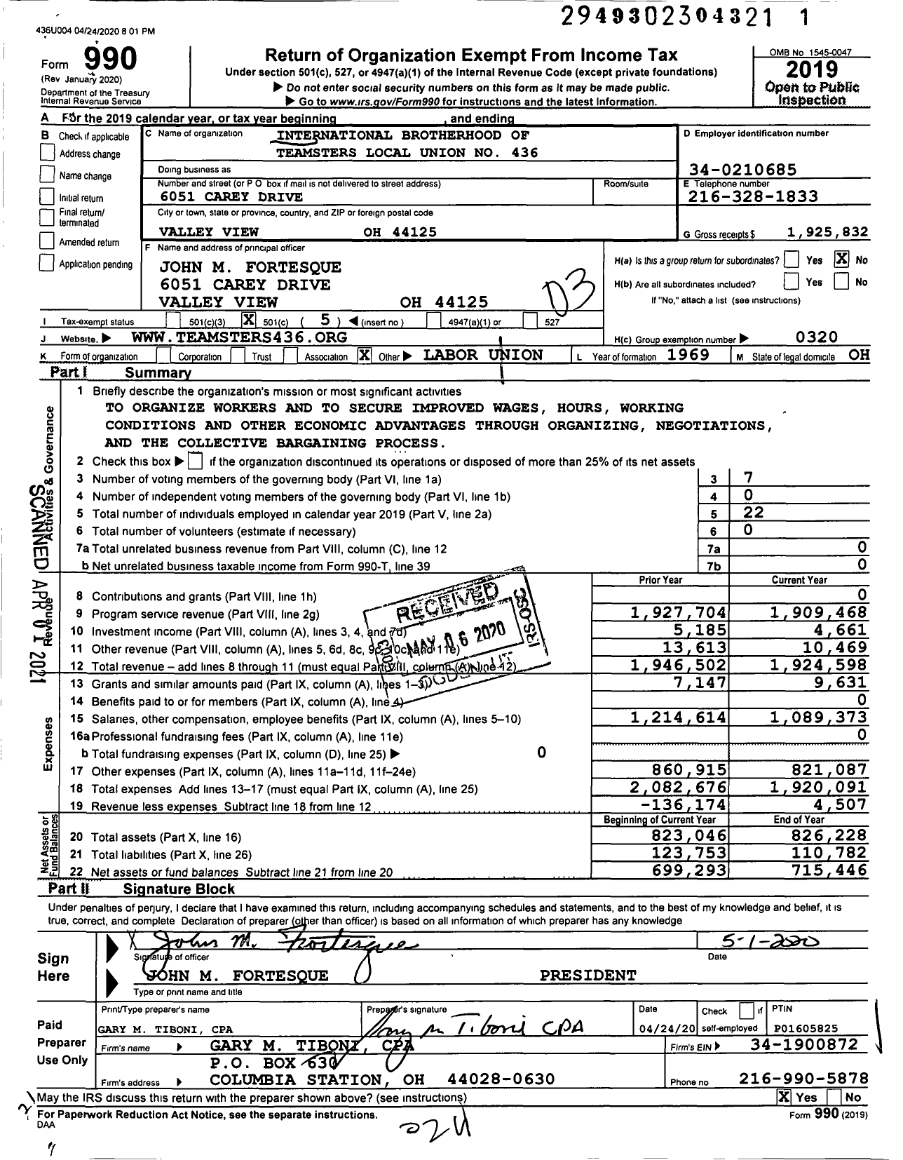 Image of first page of 2019 Form 990 for Teamsters - 436 Local