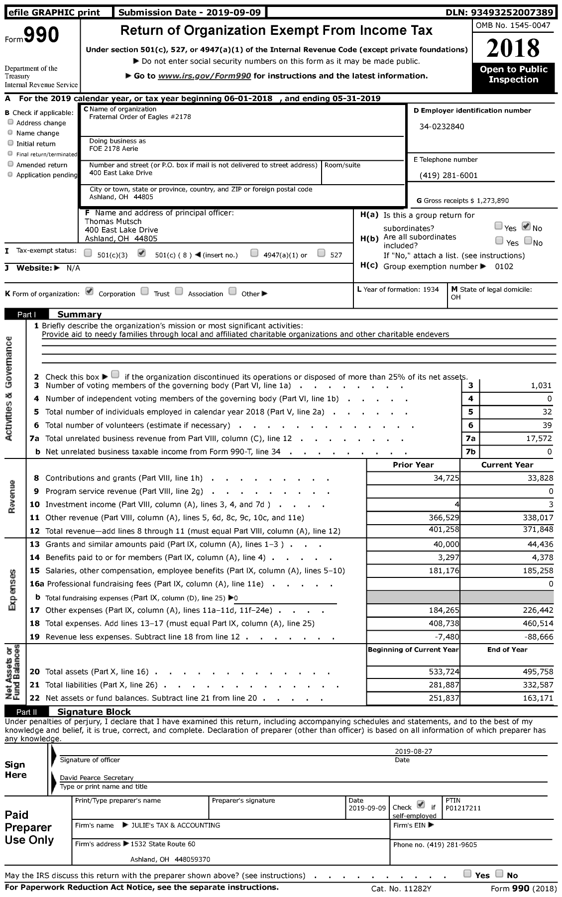 Image of first page of 2018 Form 990 for Fraternal Order of Eagles - FOE 2178 Aerie