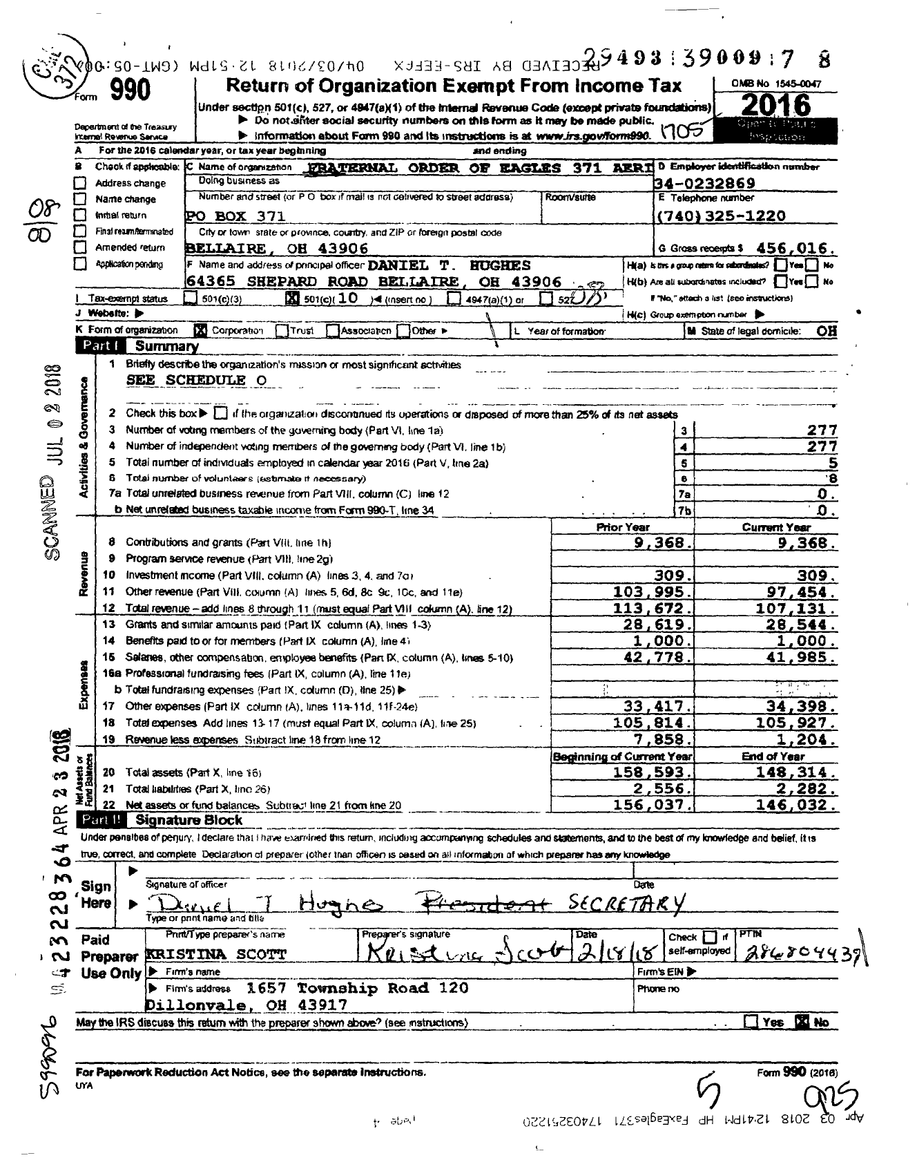 Image of first page of 2016 Form 990O for Fraternal Order of Eagles - 371 Aerie