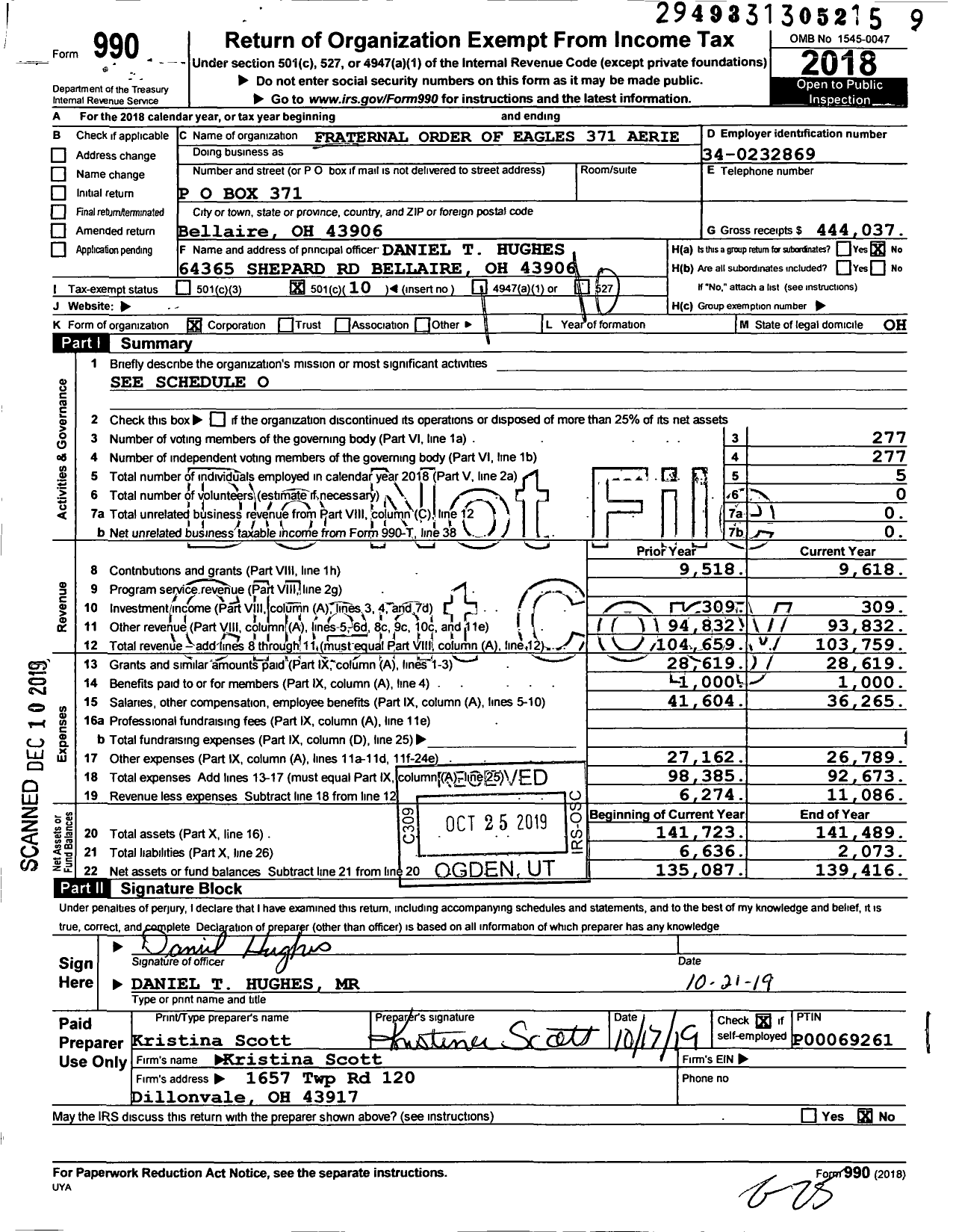 Image of first page of 2018 Form 990O for Fraternal Order of Eagles - 371 Aerie