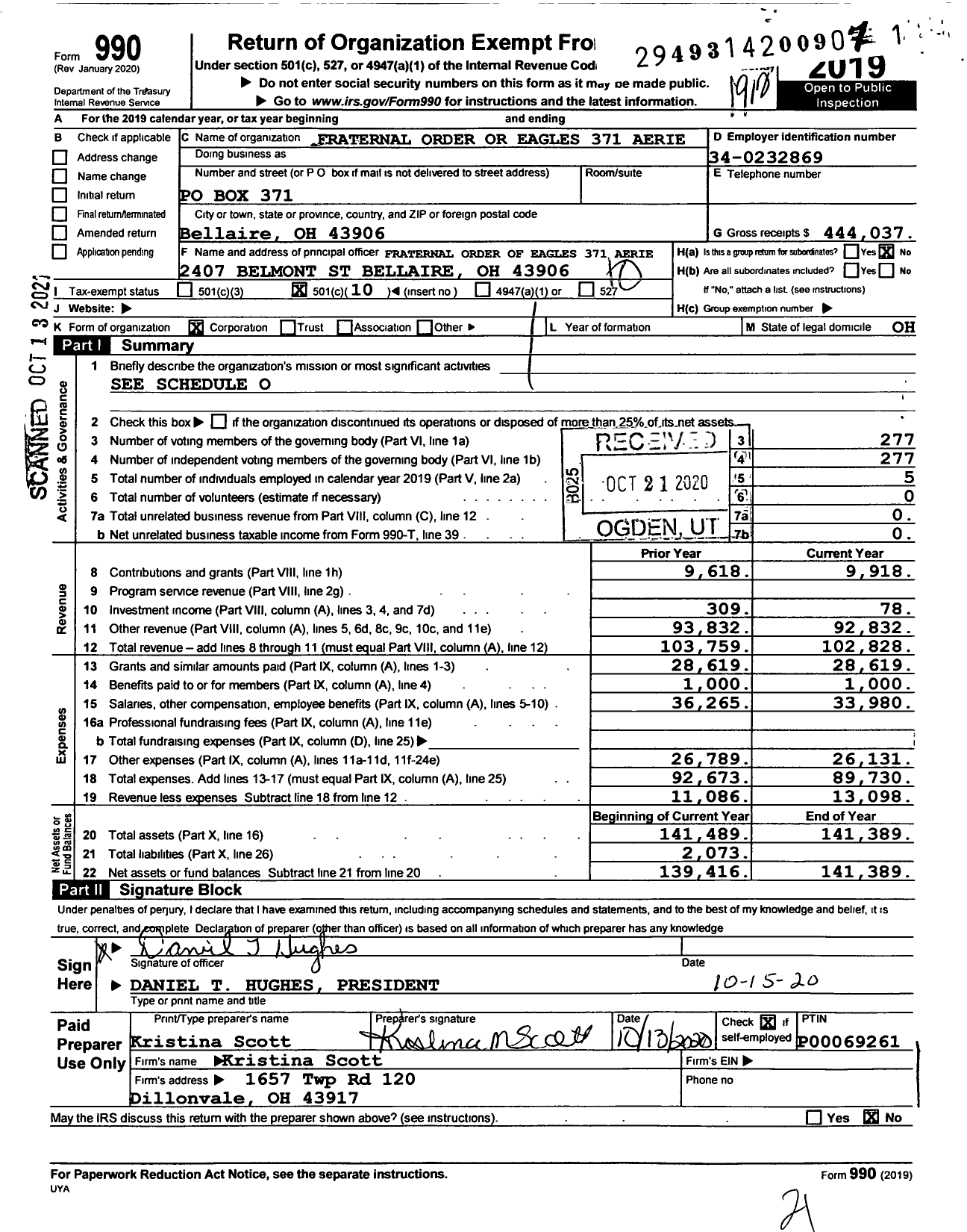 Image of first page of 2019 Form 990O for Fraternal Order of Eagles - 371 Aerie