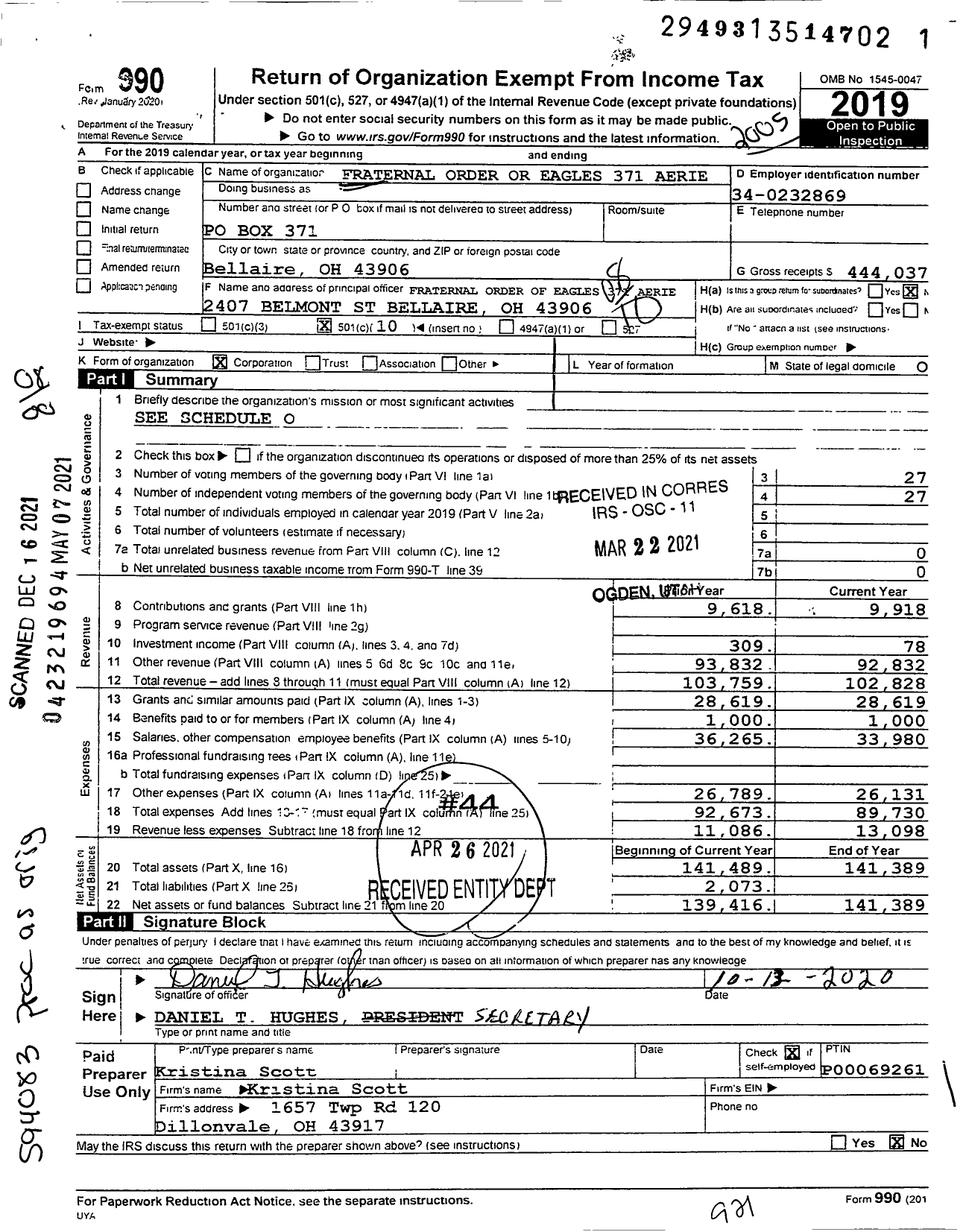 Image of first page of 2019 Form 990O for Fraternal Order of Eagles - 371 Aerie