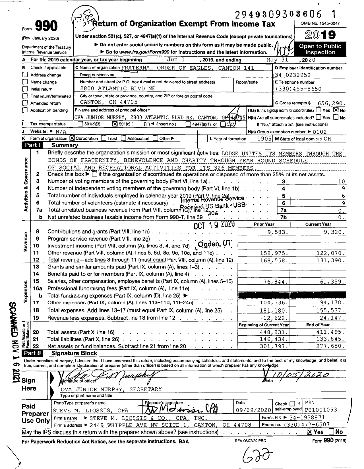 Image of first page of 2019 Form 990O for Fraternal Order of Eagles - 141 Aerie