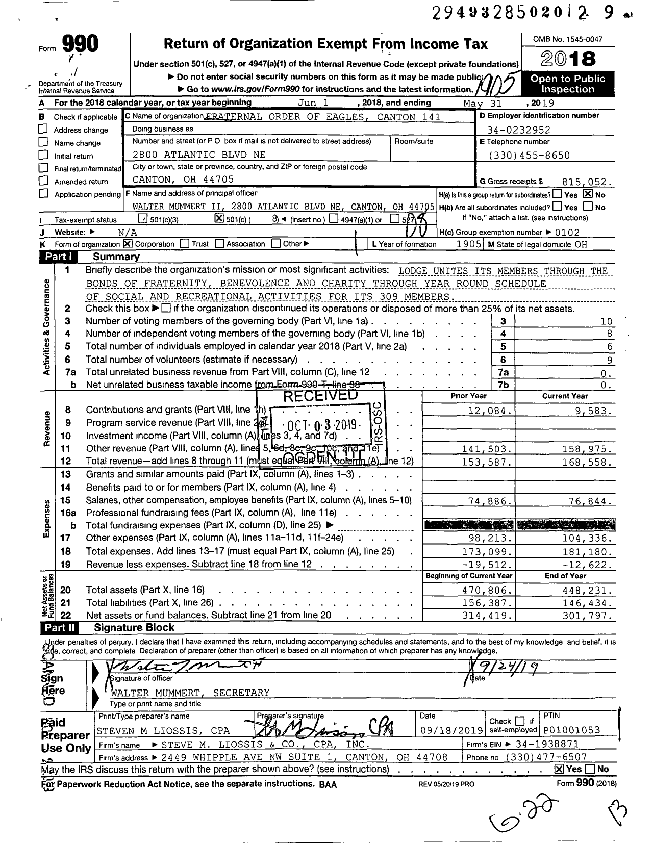 Image of first page of 2018 Form 990O for Fraternal Order of Eagles - 141 Aerie