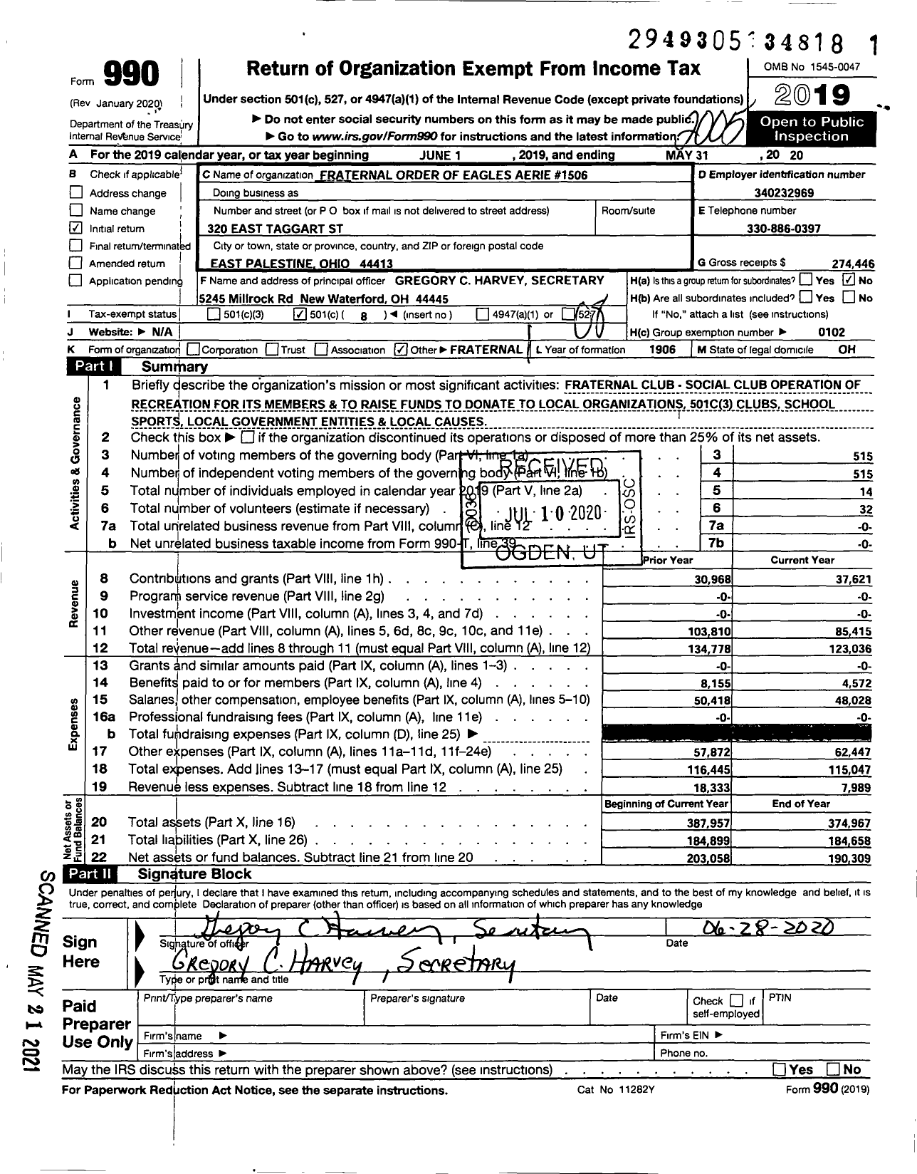 Image of first page of 2019 Form 990O for Fraternal Order of Eagles - E Palestine Eagles Aerie 1506