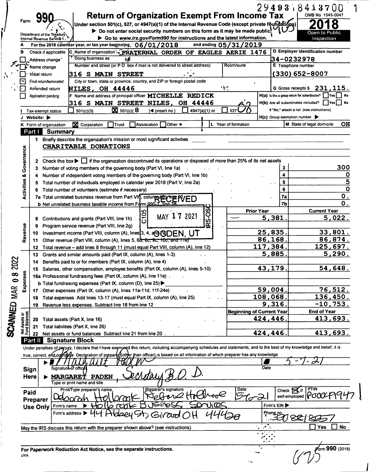 Image of first page of 2018 Form 990O for Fraternal Order of Eagles - 1476 Aerie