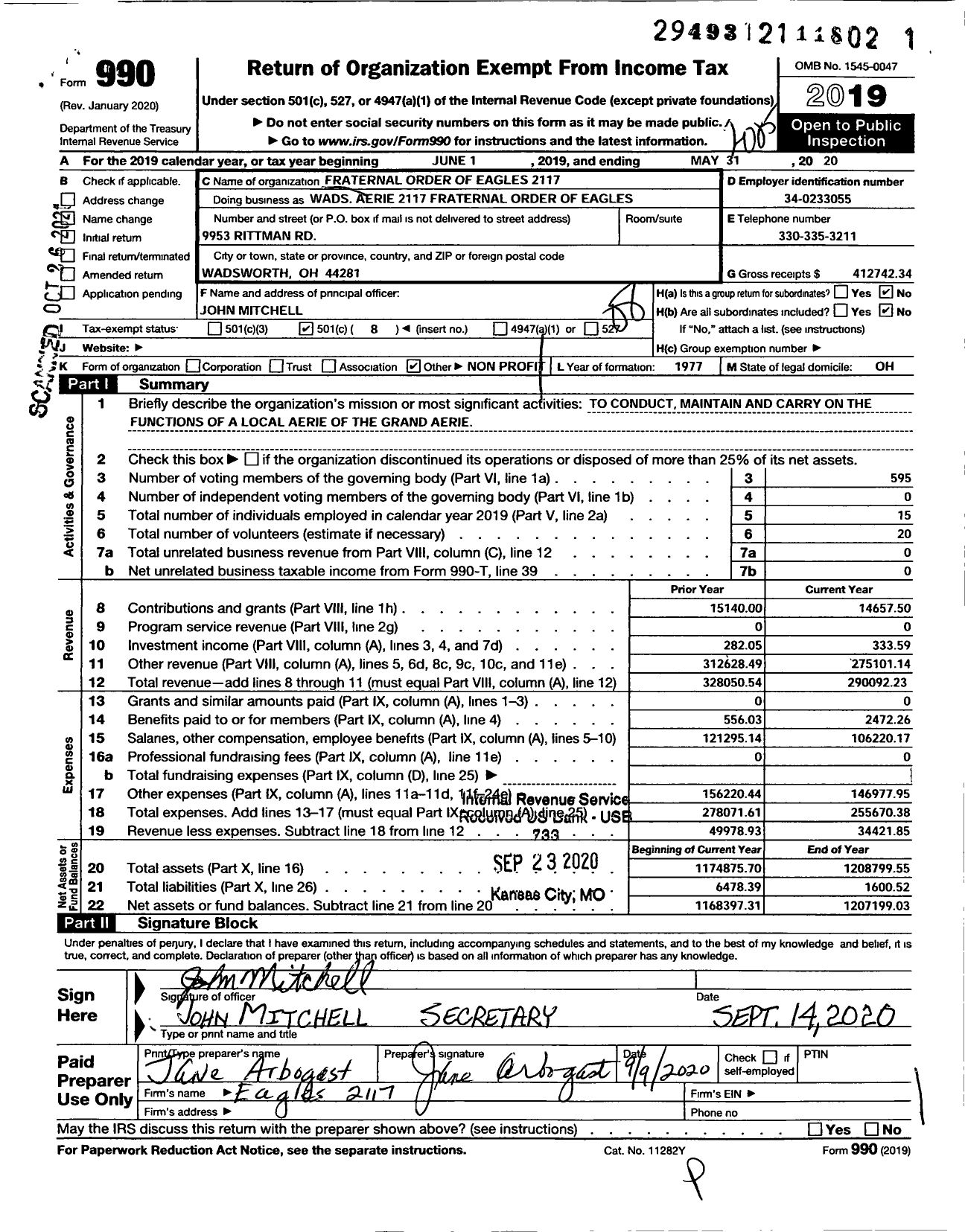 Image of first page of 2019 Form 990O for Fraternal Order of Eagles 2117