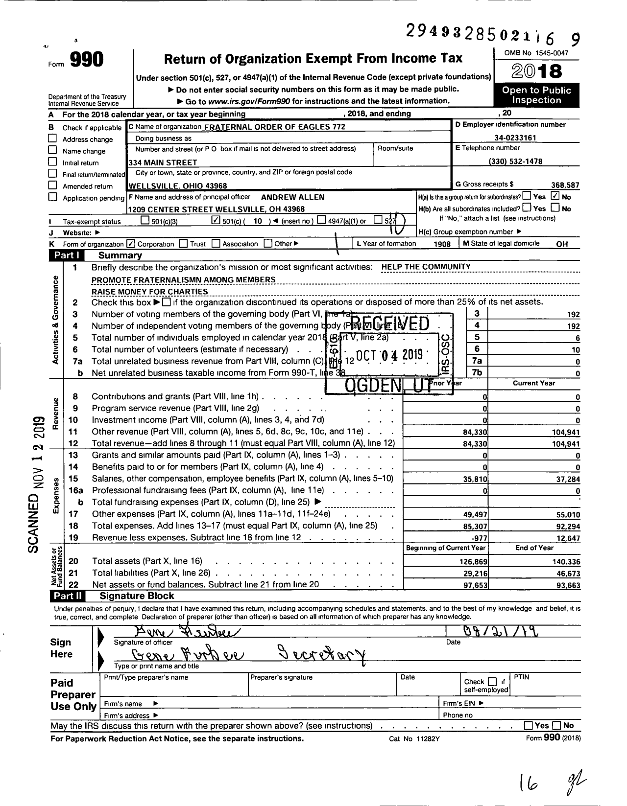 Image of first page of 2018 Form 990O for Fraternal Order of Eagles - 772 Aerie