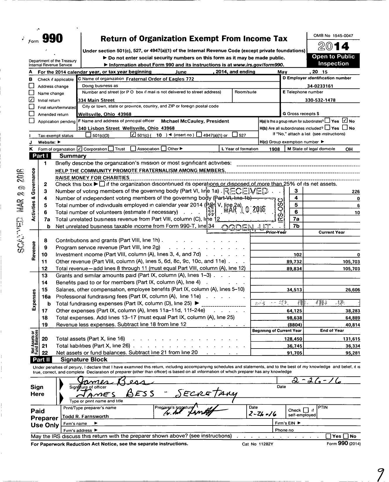 Image of first page of 2014 Form 990O for Fraternal Order of Eagles - 772 Aerie