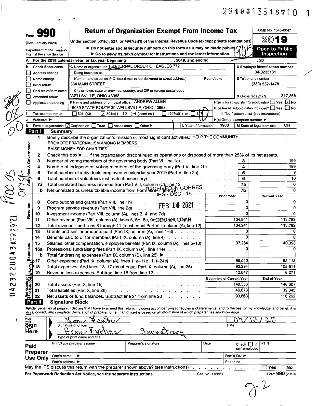 Image of first page of 2018 Form 990O for Fraternal Order of Eagles - 772 Aerie