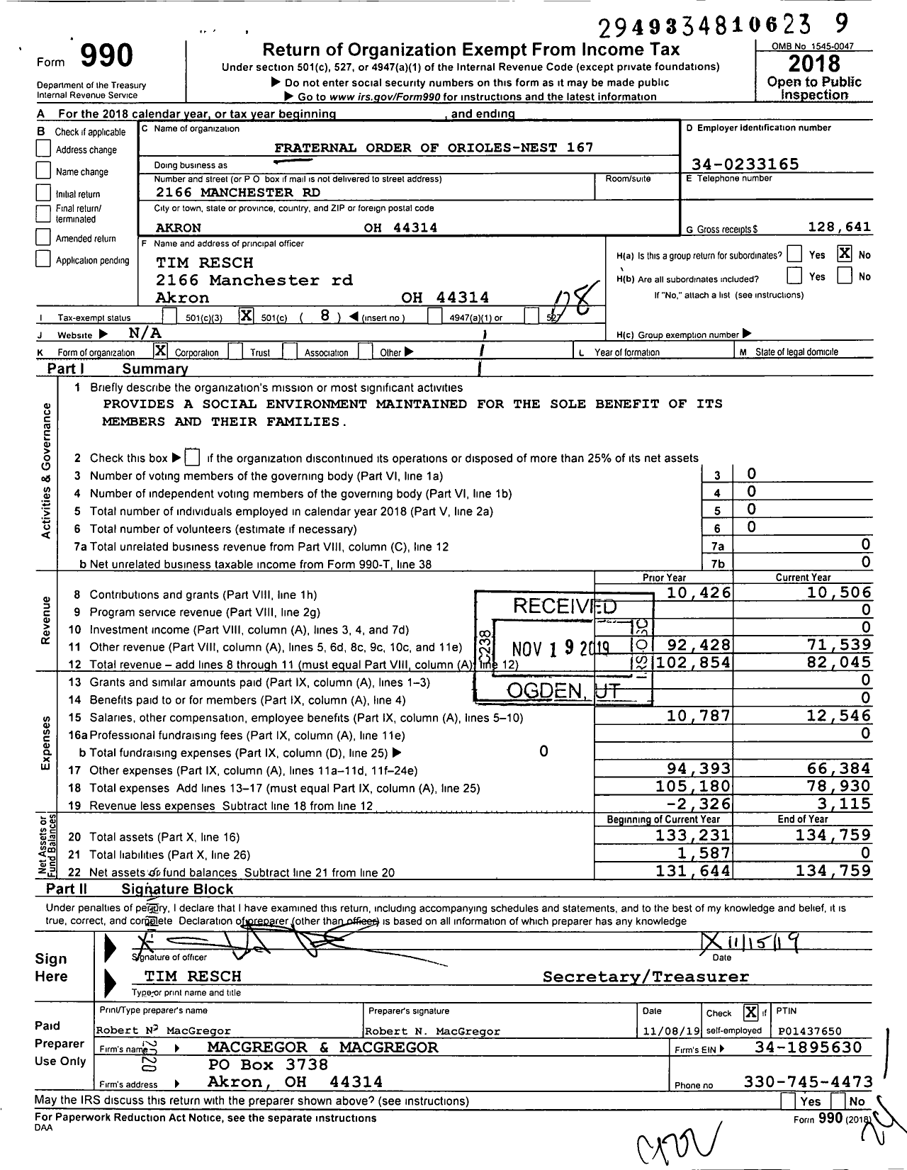 Image of first page of 2018 Form 990O for Fraternal Order of Orioles - 167 Akron Nest