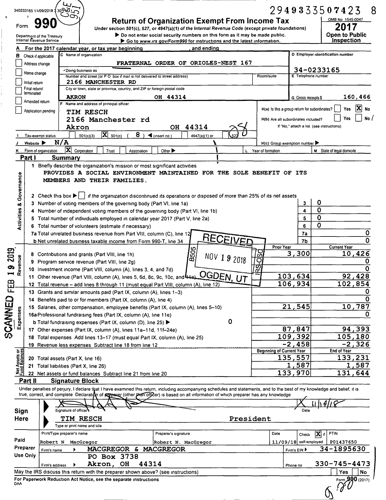 Image of first page of 2017 Form 990O for Fraternal Order of Orioles - 167 Akron Nest