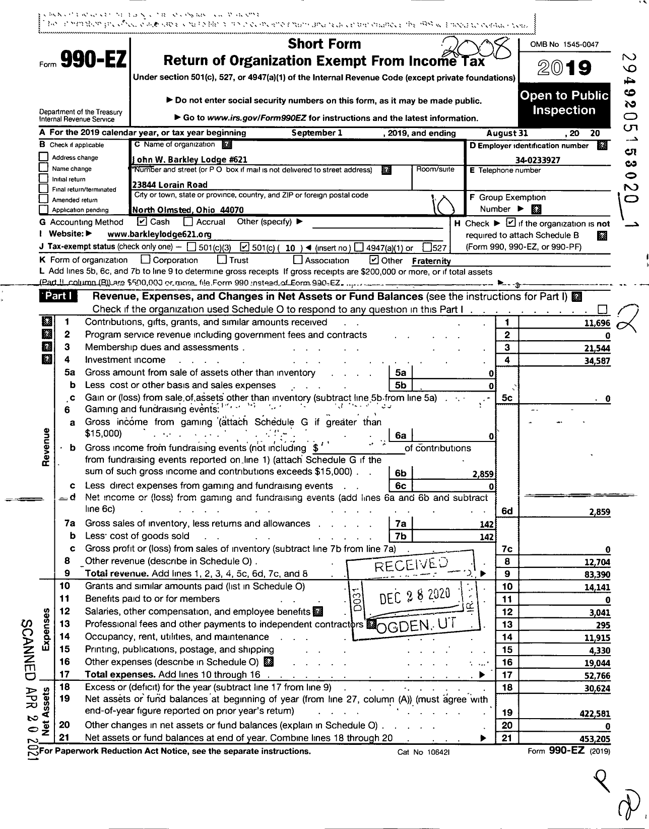 Image of first page of 2019 Form 990EO for Free & Accepted Masons of Ohio - 621 John W Barkley Lodge