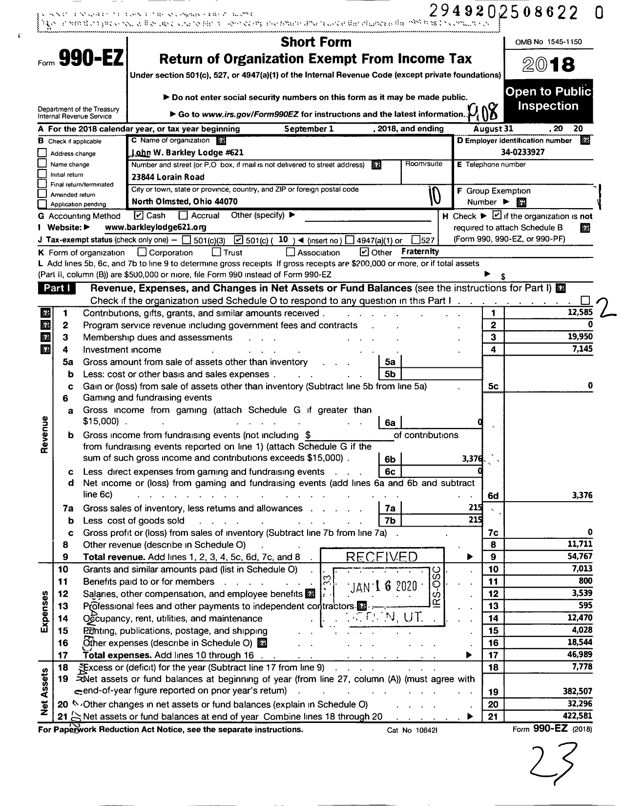 Image of first page of 2018 Form 990EO for Free & Accepted Masons of Ohio - 621 John W Barkley Lodge