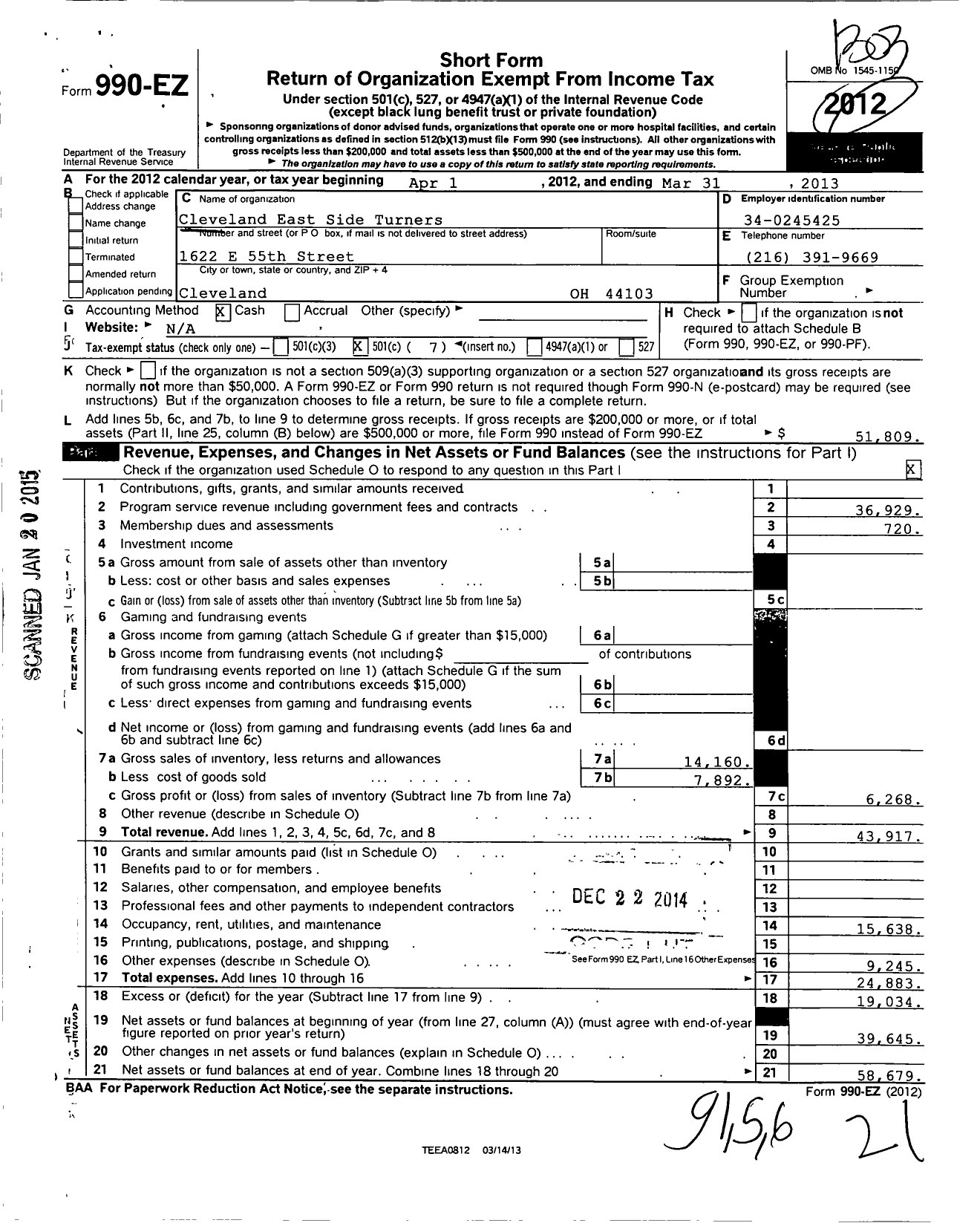 Image of first page of 2012 Form 990EO for Cleveland East Side Turners