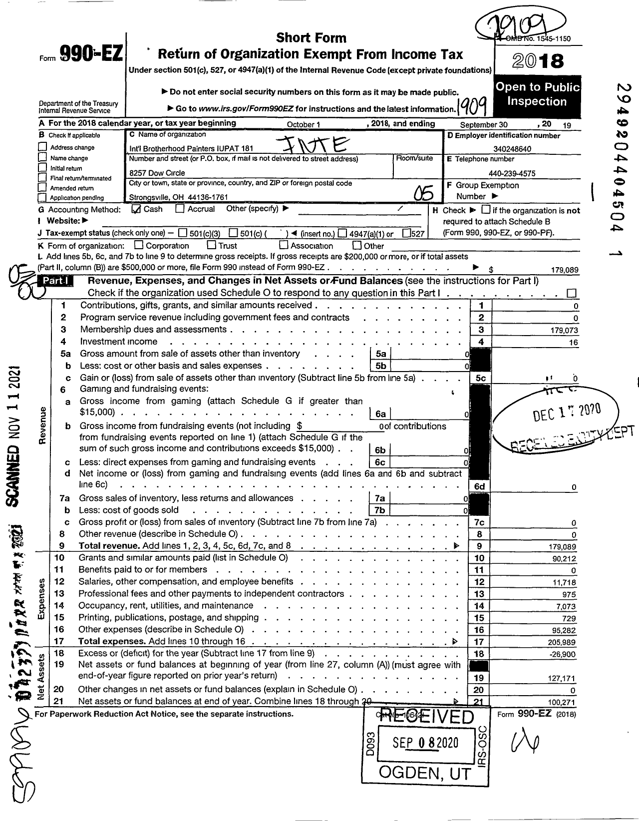 Image of first page of 2018 Form 990EO for International Union of Painters and Allied Trades - 181 Glaziers Architectural Metal An