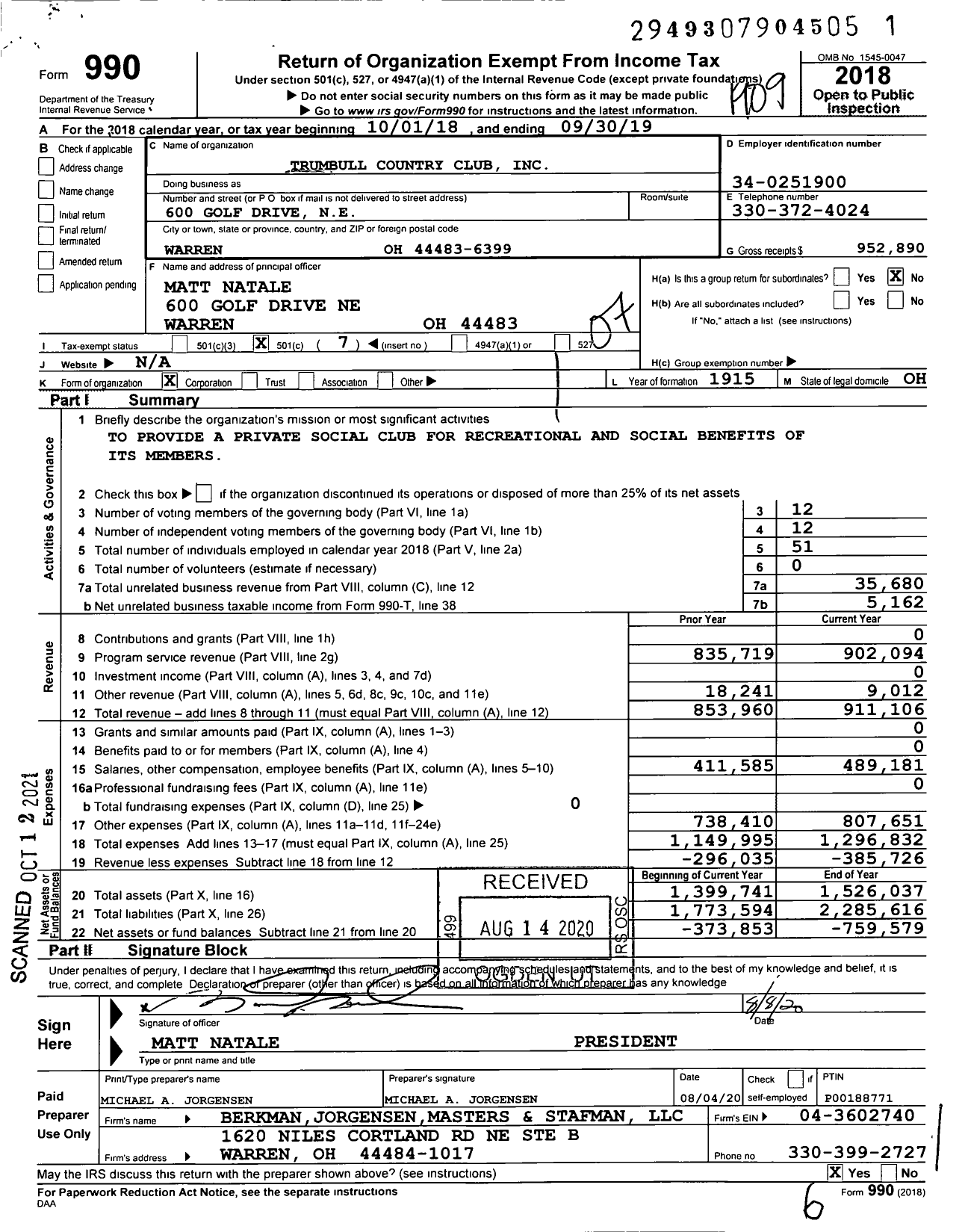 Image of first page of 2018 Form 990O for Trumbull Country Club