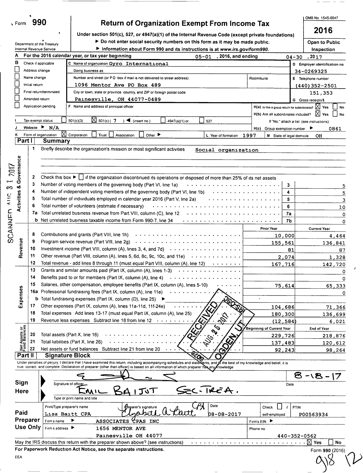 Image of first page of 2016 Form 990O for Gyro International / Long Beach Gyro Club