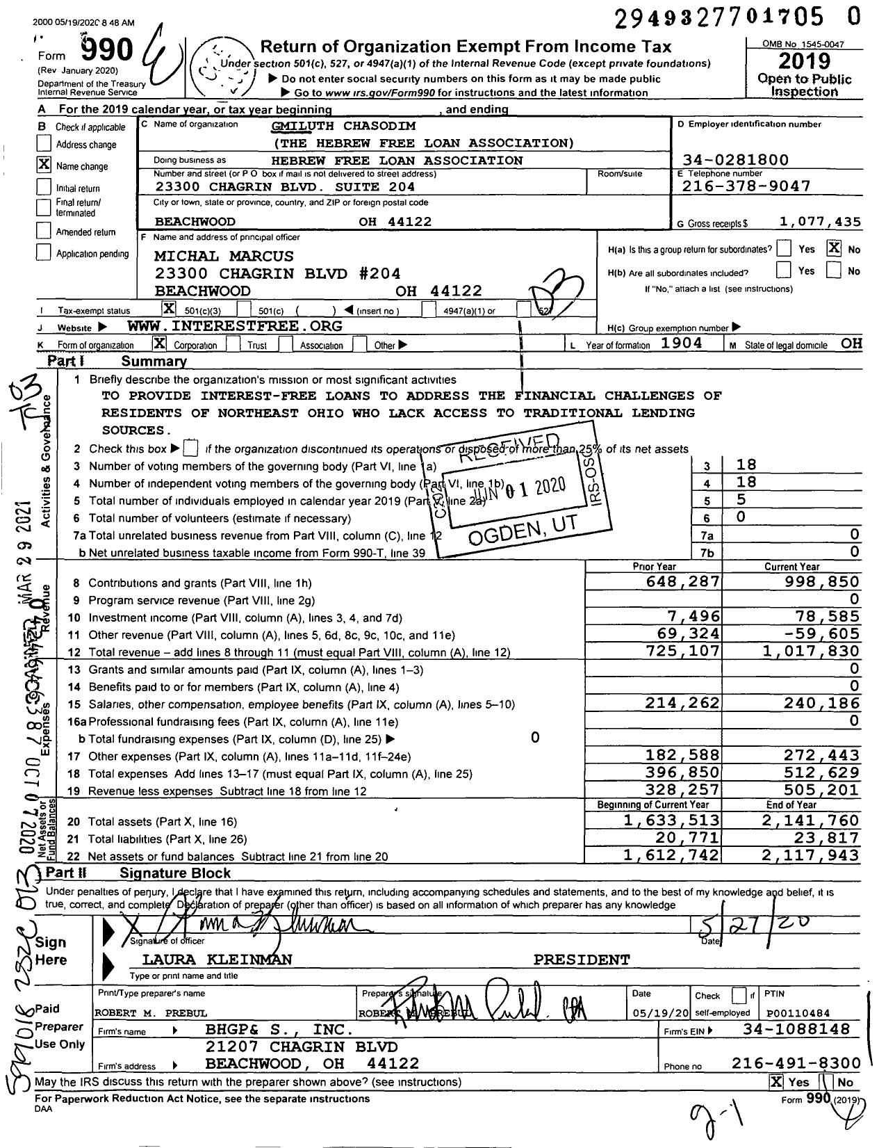 Image of first page of 2019 Form 990 for Hebrew Free Loan Association / Gmiluth Chasodim