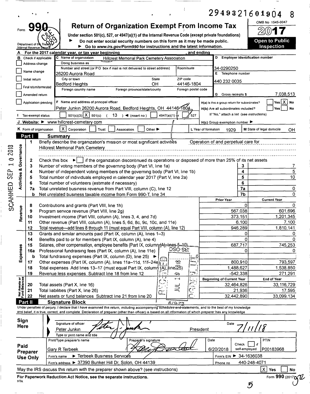 Image of first page of 2017 Form 990O for Hillcrest Memorial Park Cemetery Association