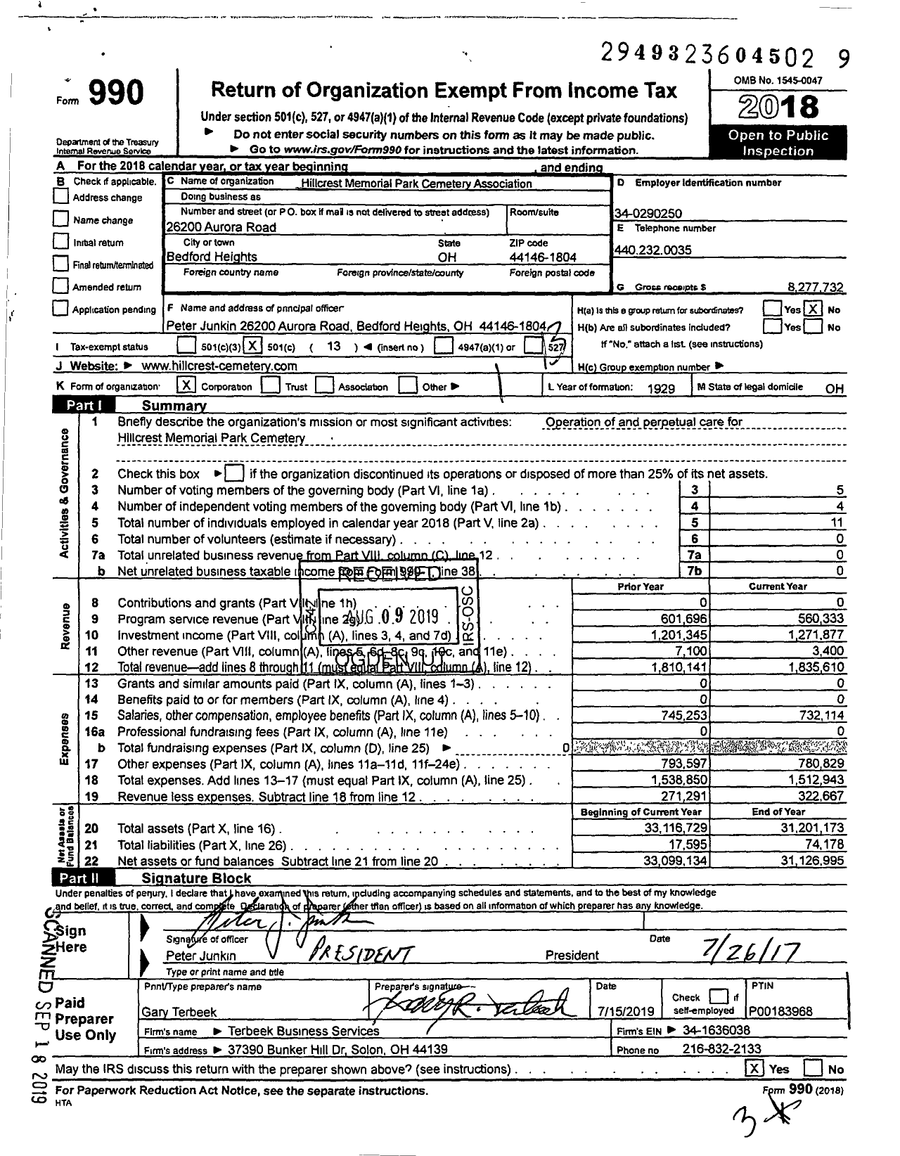 Image of first page of 2018 Form 990O for Hillcrest Memorial Park Cemetery Association