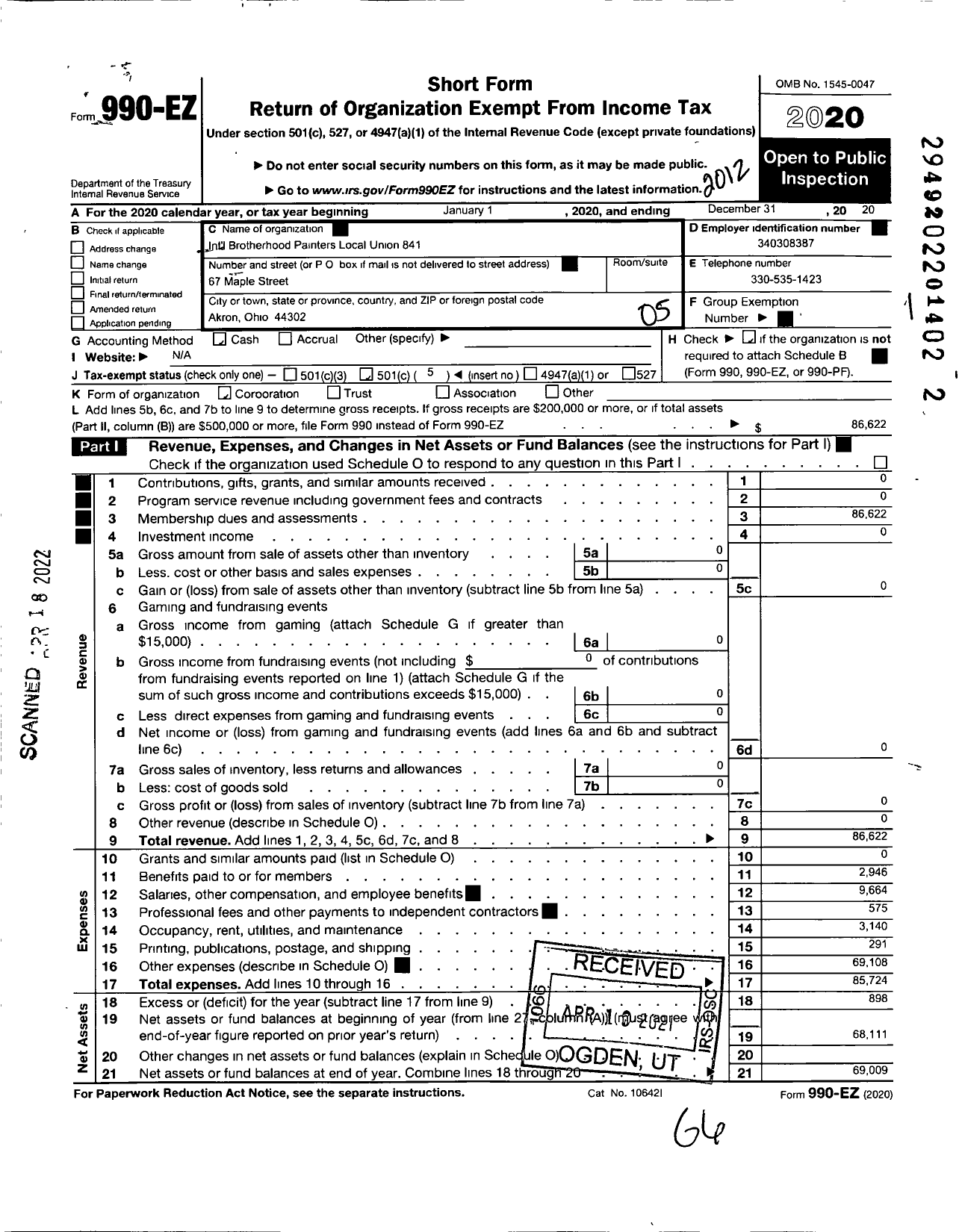 Image of first page of 2020 Form 990EO for International Union of Painters and Allied Trades - 841 Painters Local Union