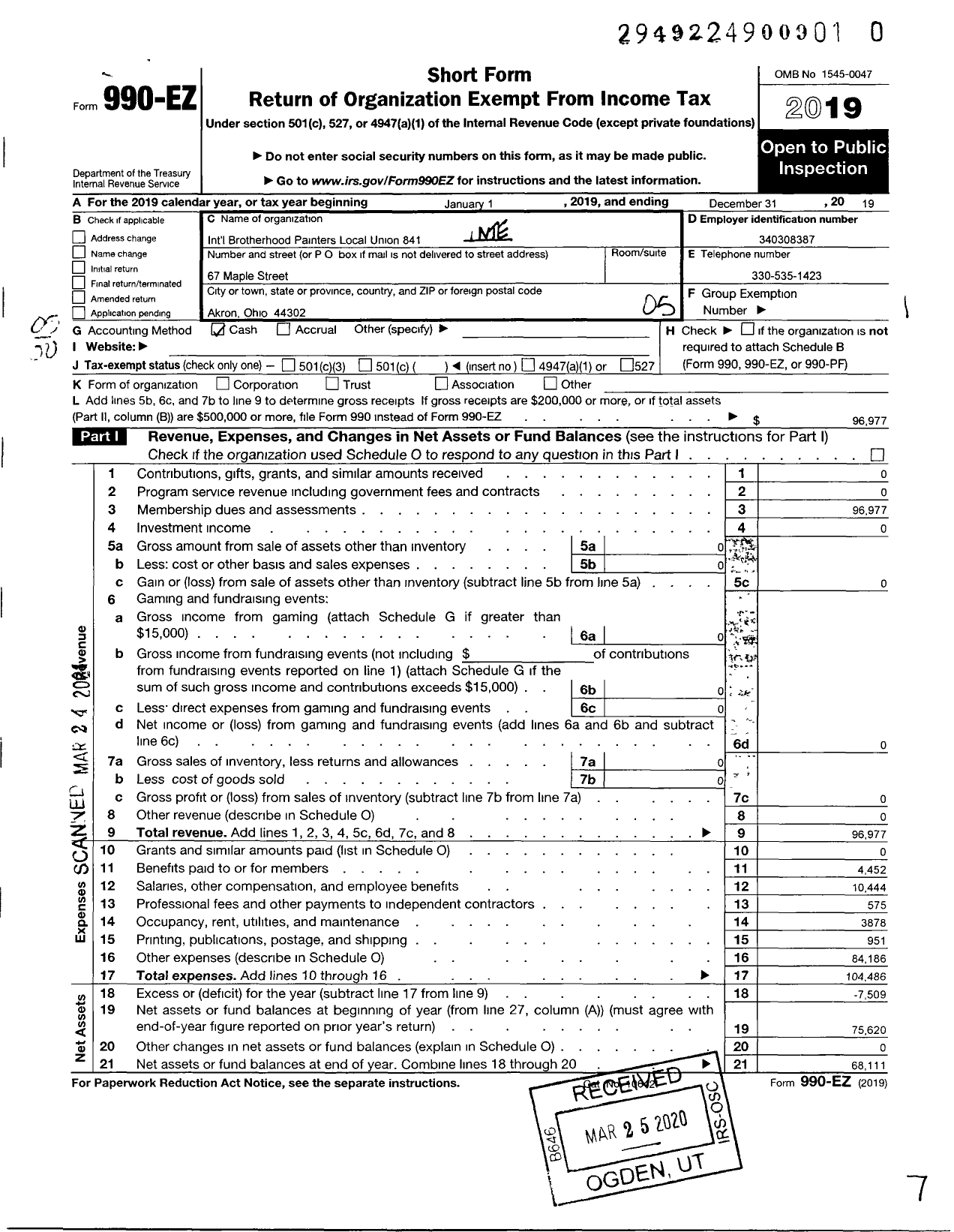 Image of first page of 2019 Form 990EO for International Union of Painters and Allied Trades - 841 Painters Local Union