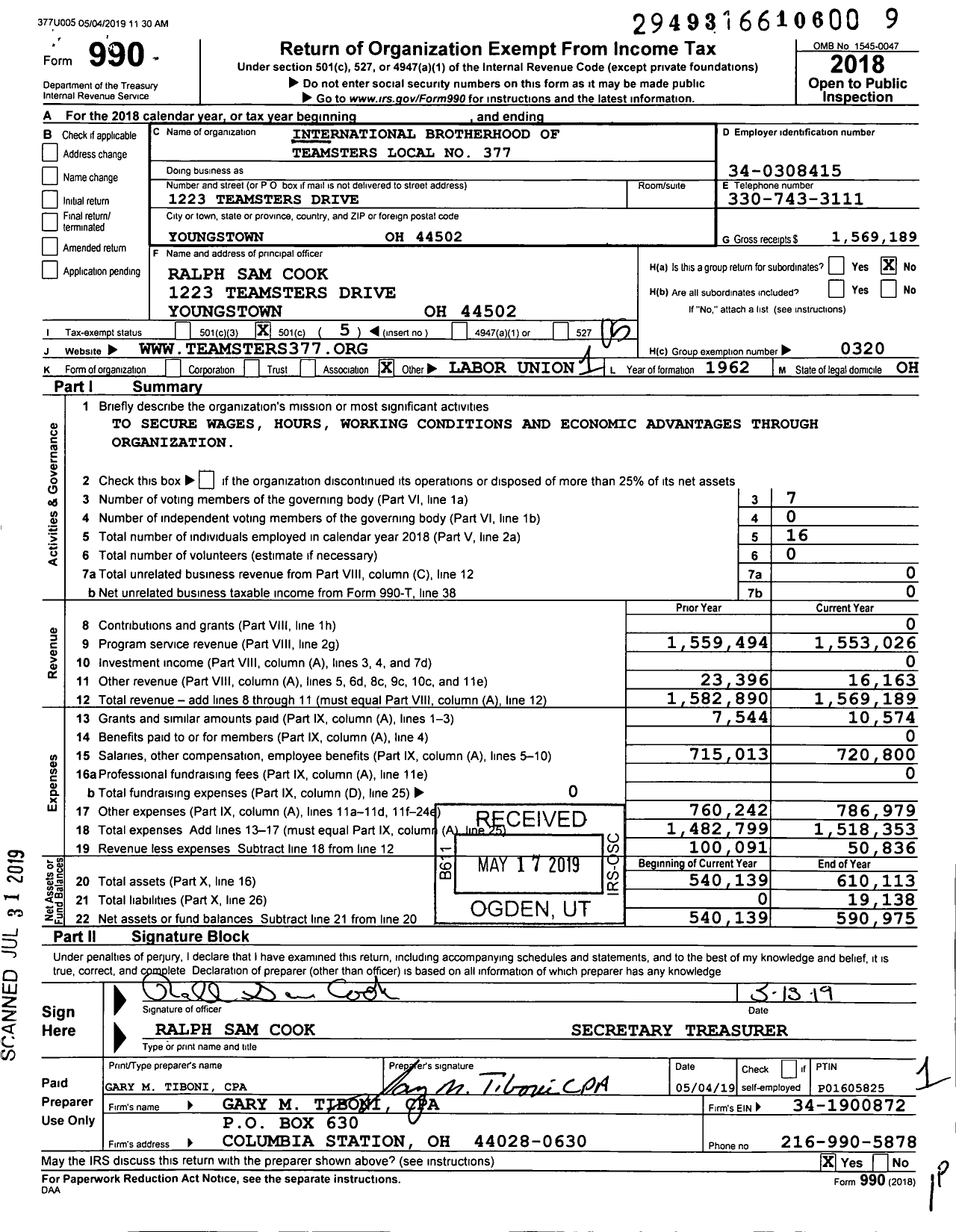 Image of first page of 2018 Form 990O for Teamsters - 377 Teamsters Local Union Chauffeur