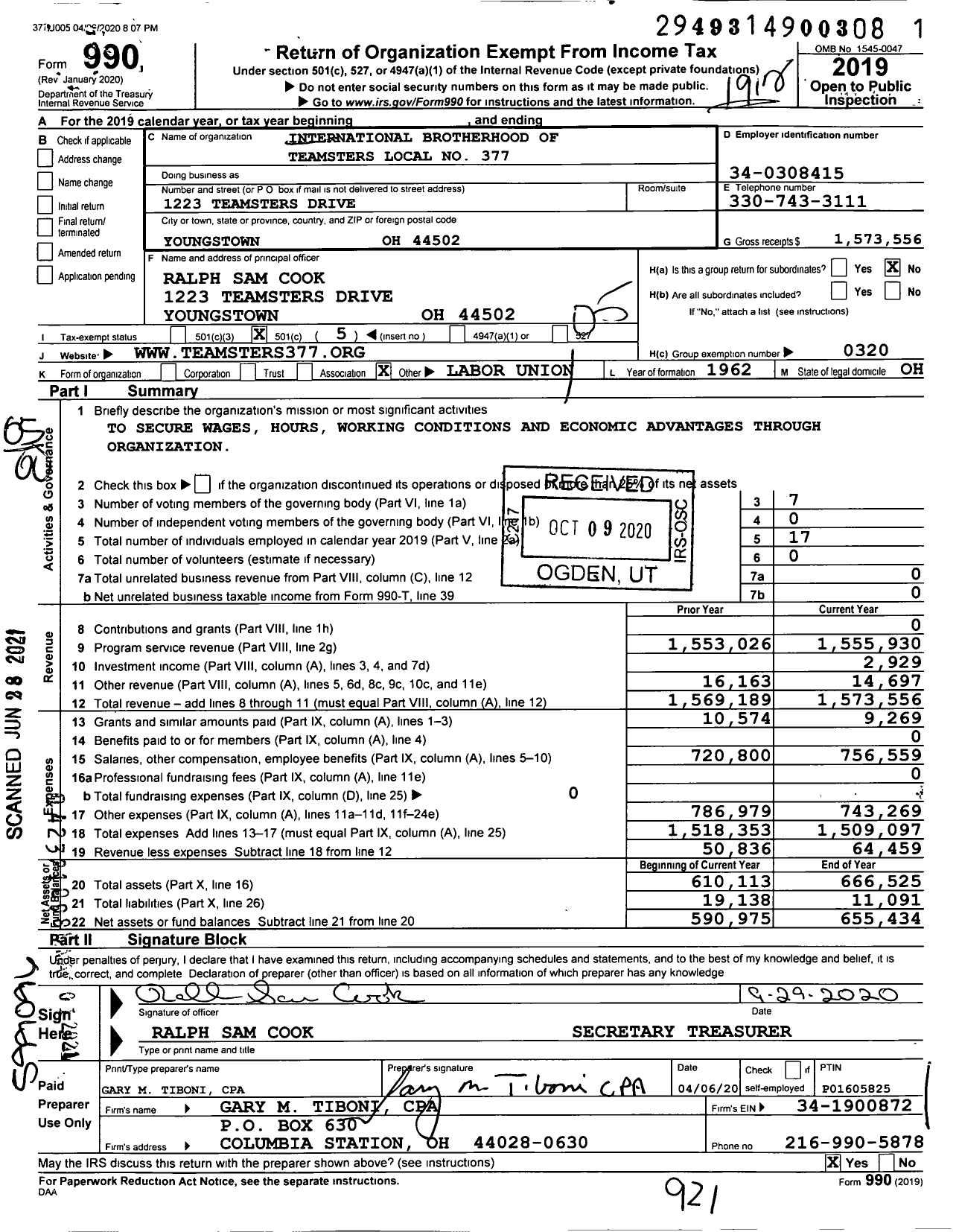 Image of first page of 2019 Form 990O for Teamsters - 377 Teamsters Local Union Chauffeur