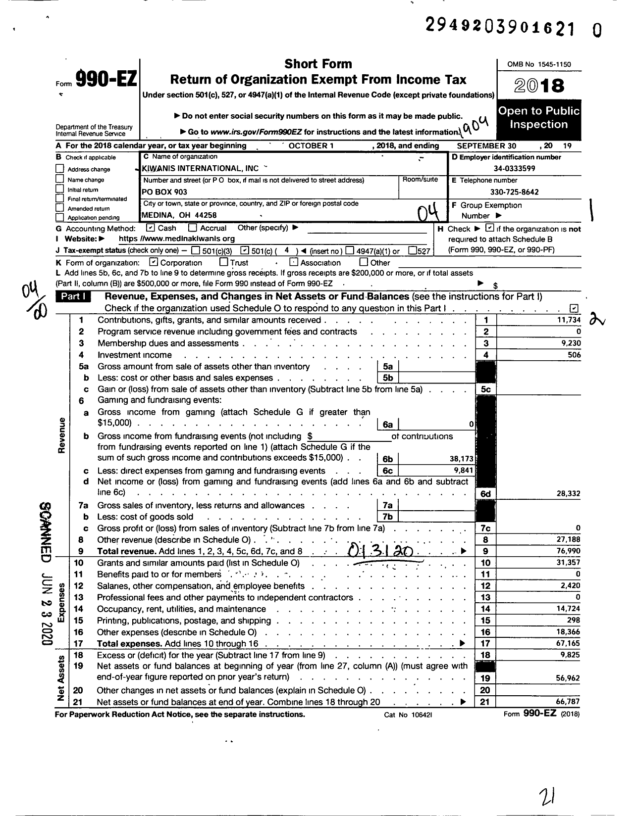 Image of first page of 2018 Form 990EO for Kiwanis International - K00189 Medina