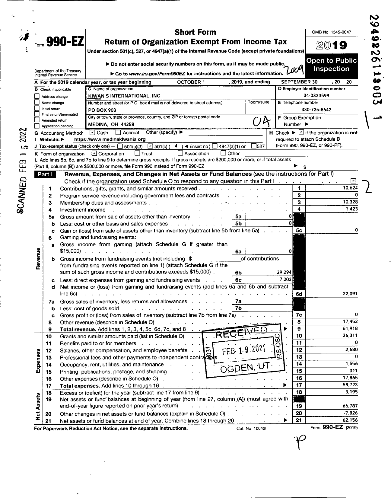 Image of first page of 2019 Form 990EO for Kiwanis International - K00189 Medina