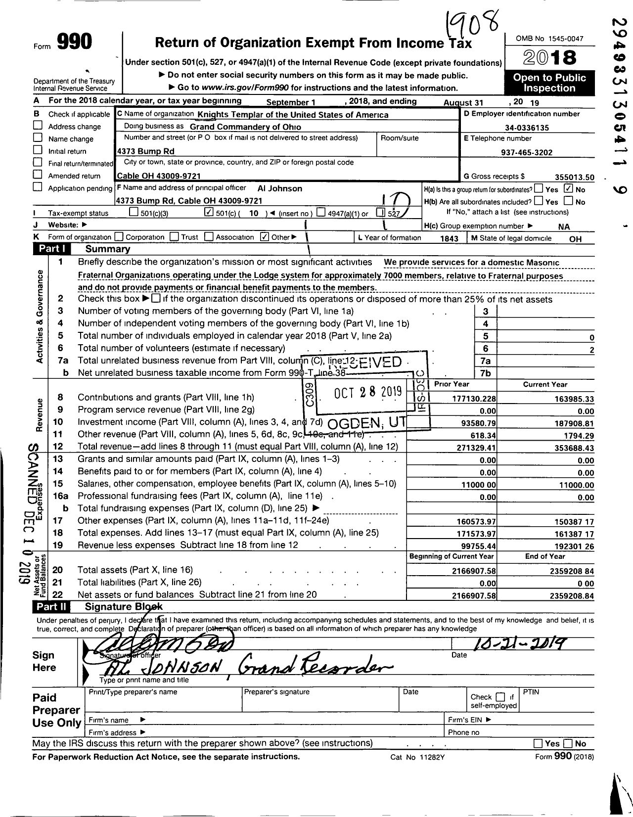 Image of first page of 2018 Form 990O for Knights Templar - Grand Commandery of Ohio