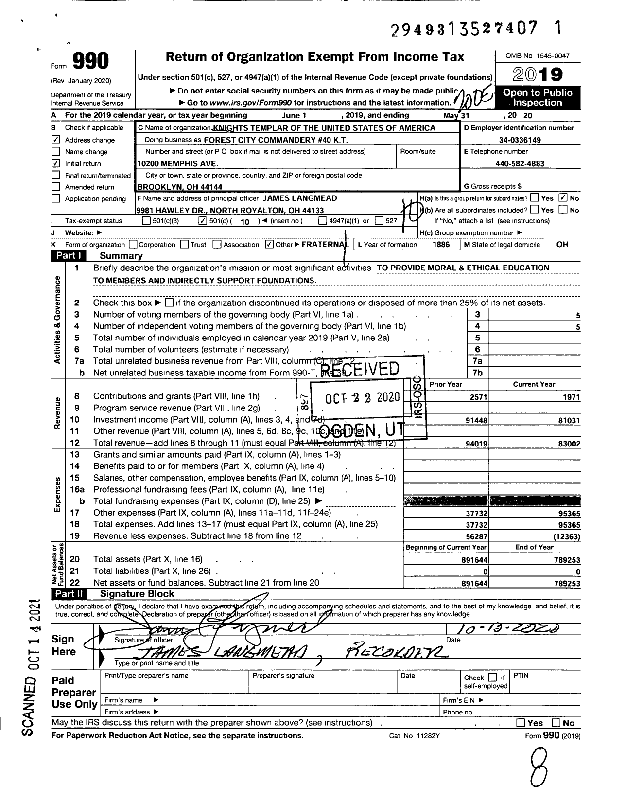 Image of first page of 2019 Form 990O for Knights Templar - Forest City Commandery 40 K T