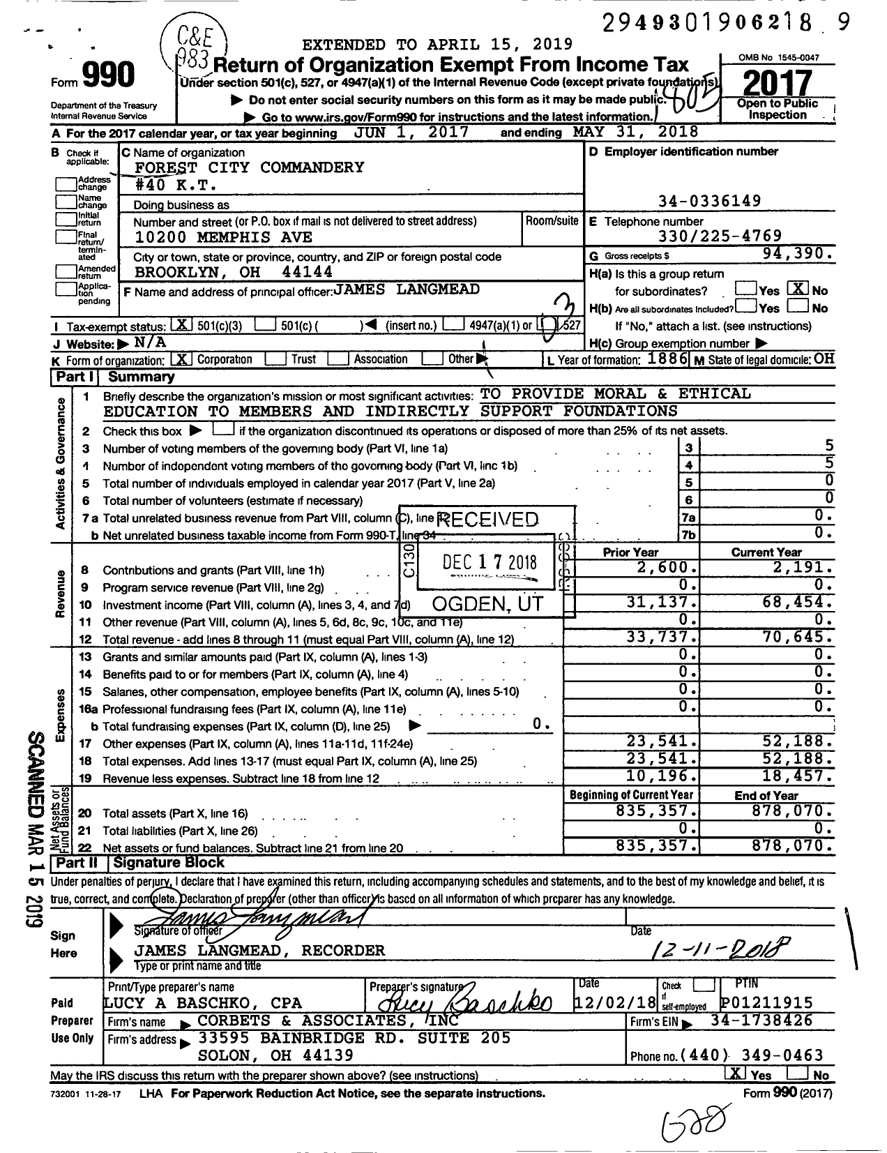 Image of first page of 2017 Form 990 for Knights Templar - Forest City Commandery 40 K T